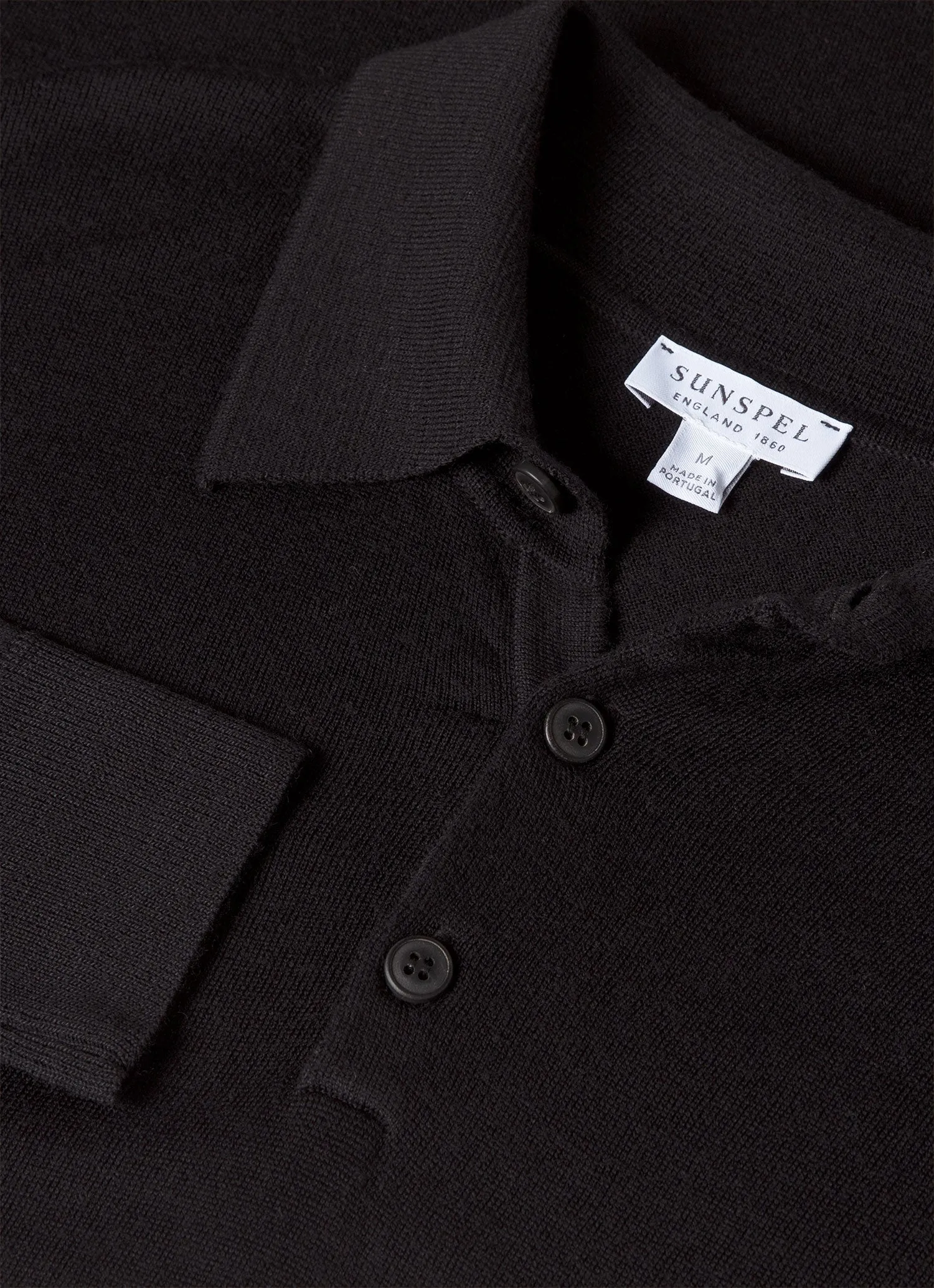 Men's Extra-Fine Merino Polo Shirt in Black Drop Shoulder Cut Soft Palette