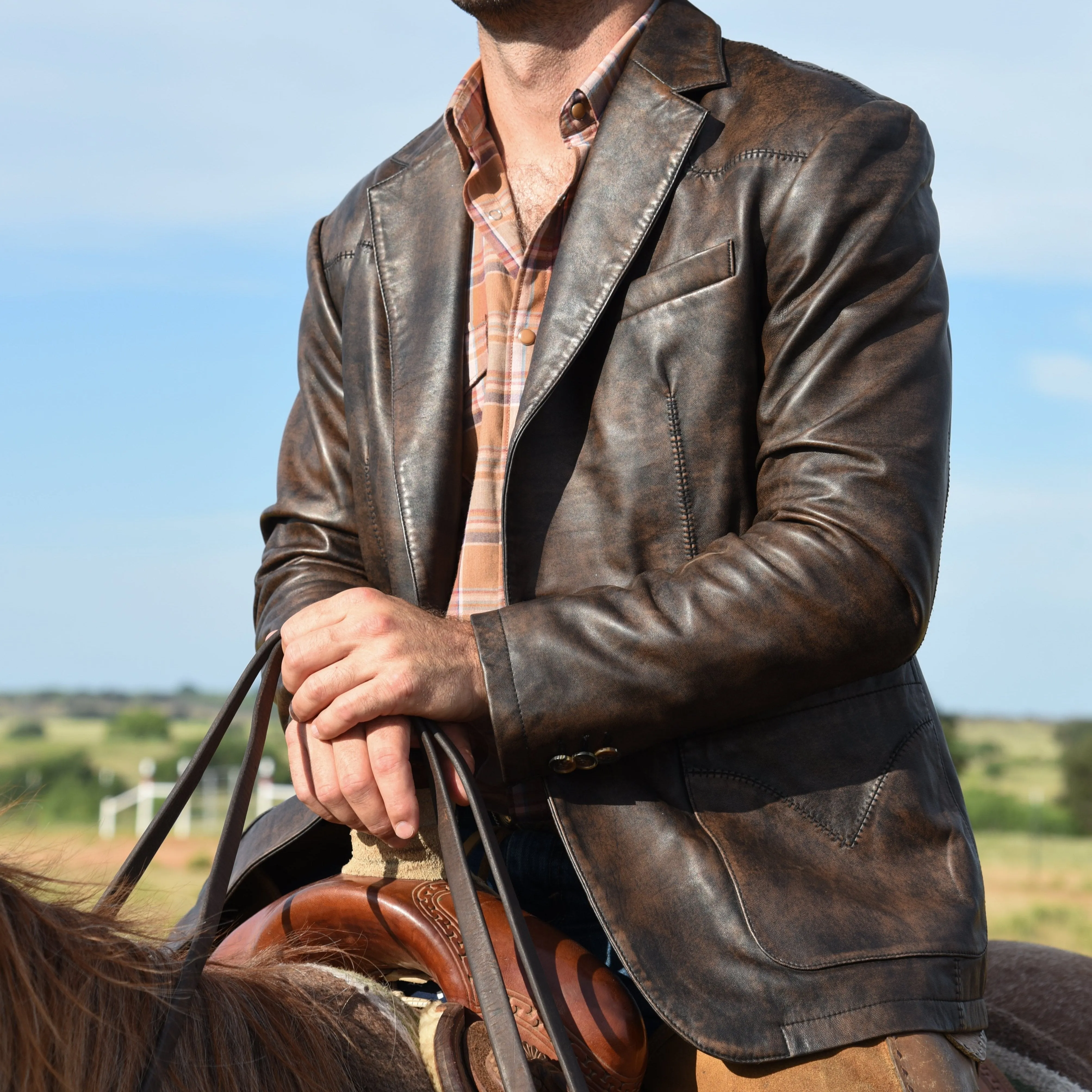 Flynt Western Men's Ranchero Distressed Leather Sport Jacket in Black-Brown Comfortable Fabric Athletic Tailored Fit