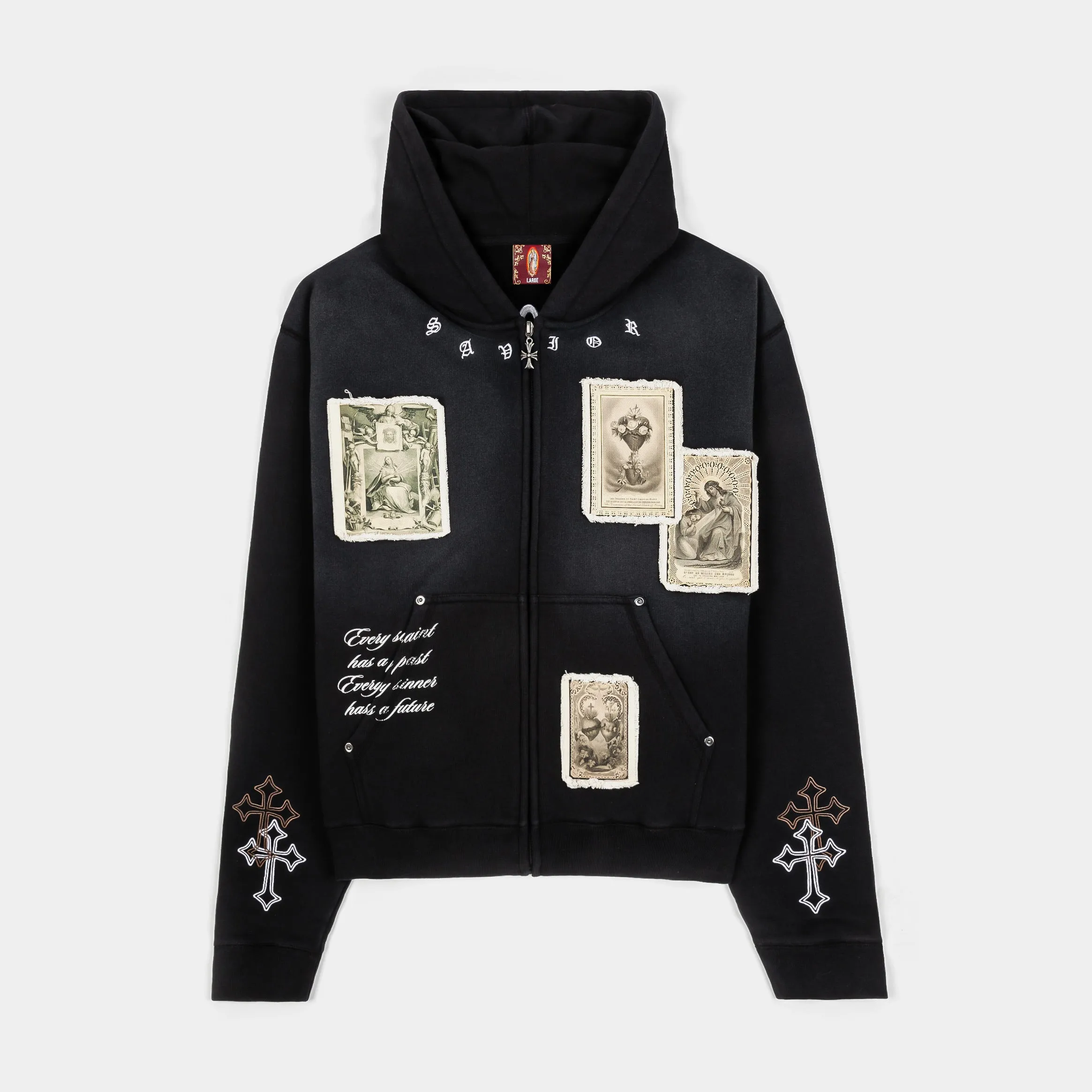 Cross Patched Washed Zip Up Mens Hoodie (Black/White) ethnic print product smooth sleekness