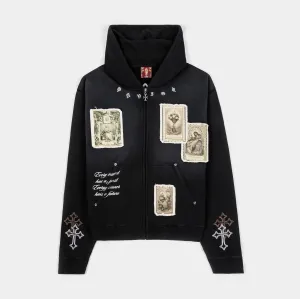 Cross Patched Washed Zip Up Mens Hoodie (Black/White) ethnic print product smooth sleekness