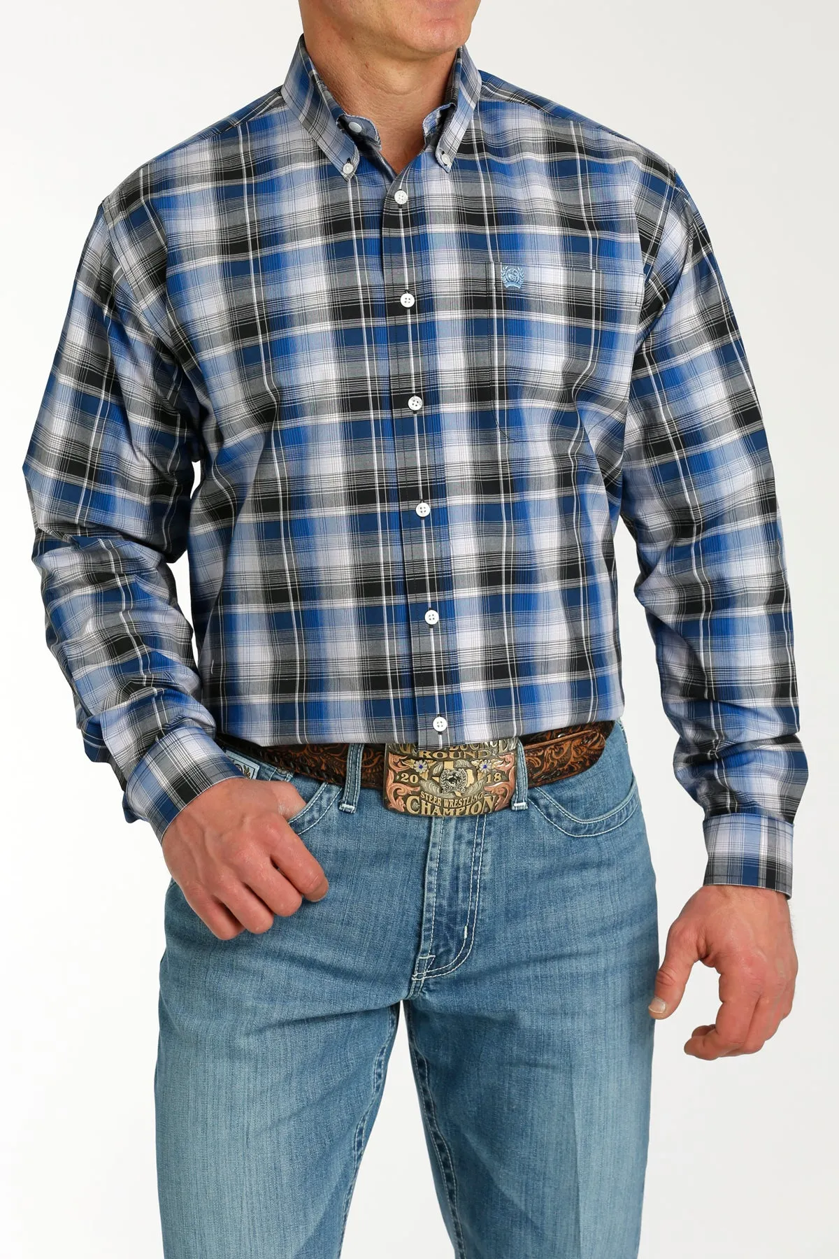 All Purpose Wear Cinch Men's L/S Classic Fit Plaid Western Button Down Shirt in Blue & Black