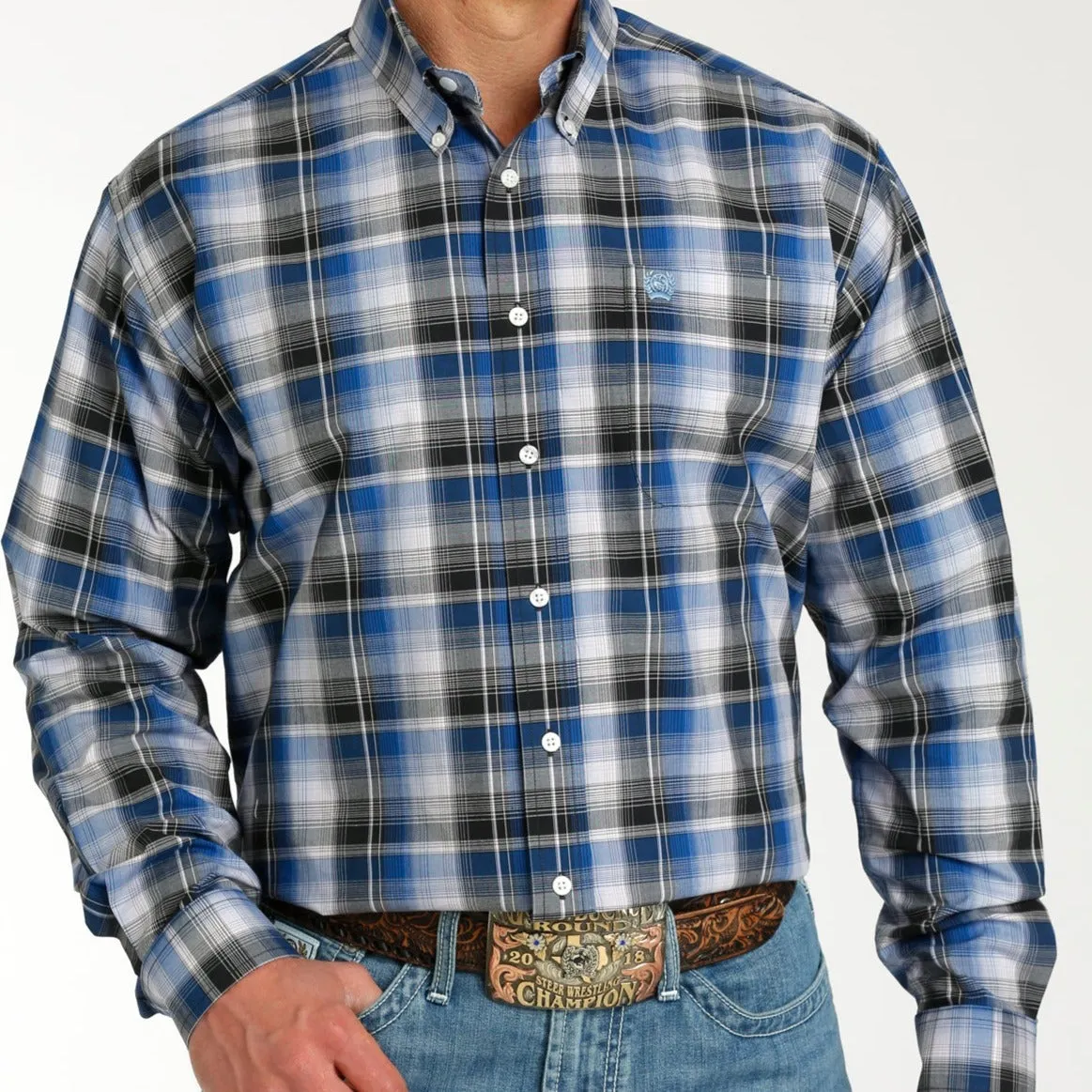 Essential layering piece TaglessDesign Cinch Men's L/S Classic Fit Plaid Western Button Down Shirt in Blue & Black