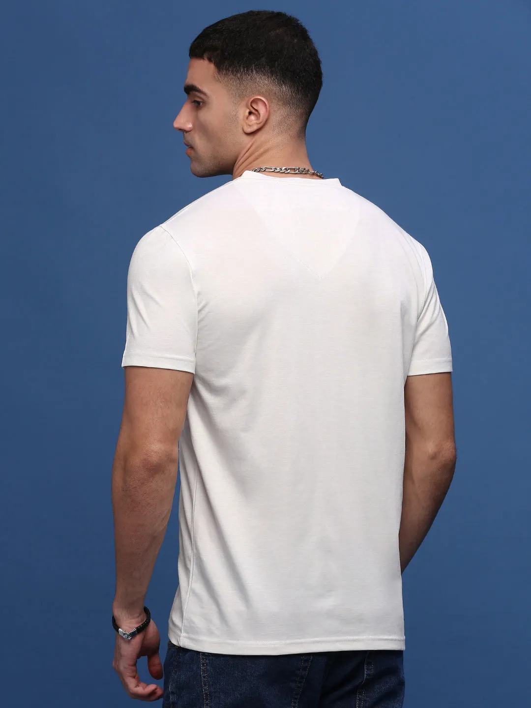 Men's White Solid V-Neck Cotton Slim Fit T-Shirt Beach Style