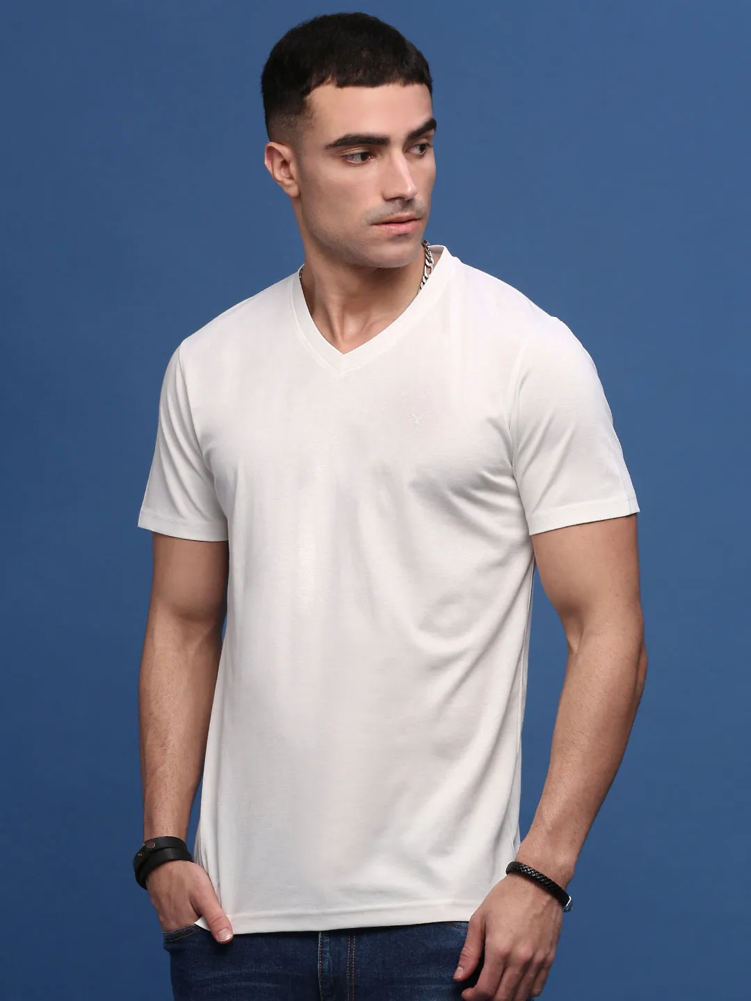 product tribal energy Men's White Solid V-Neck Cotton Slim Fit T-Shirt