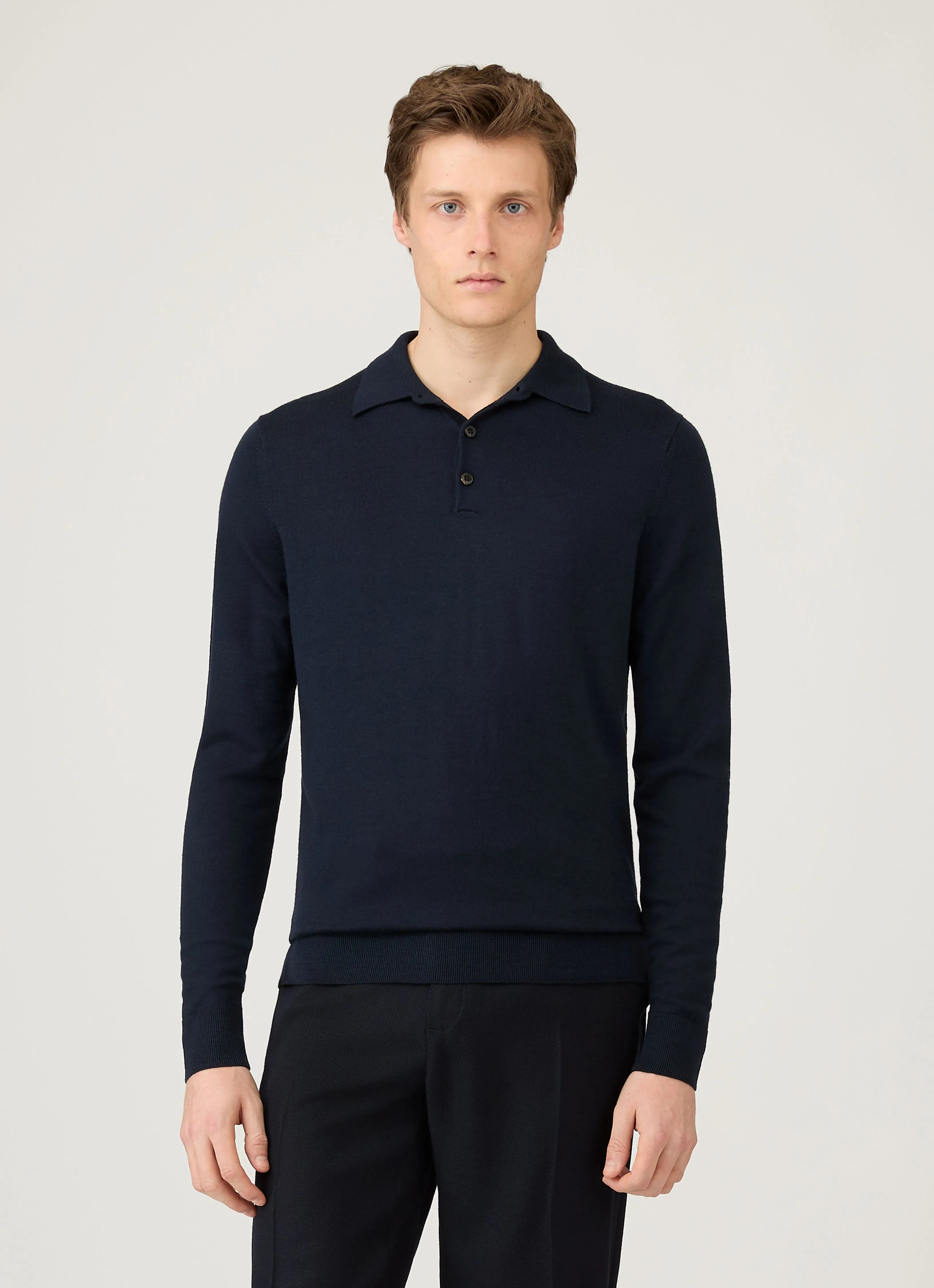Men's Extra-Fine Merino Polo Shirt in Navy Layered Collar Option Compact Weave