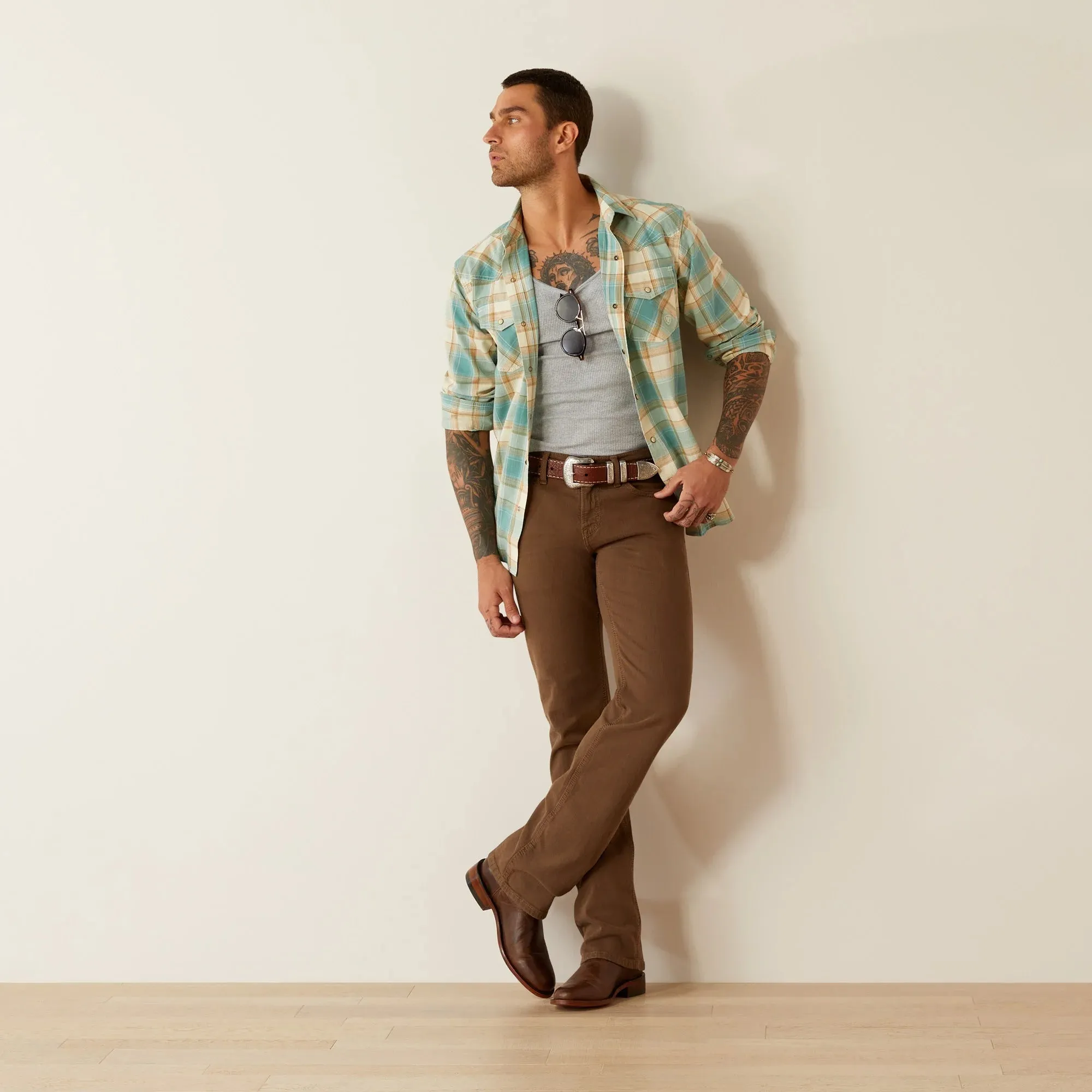 Minimalist Apparel Festival wear Ariat Men's Hardin L/S Retro Fit Western Snap Shirt in Turquoise