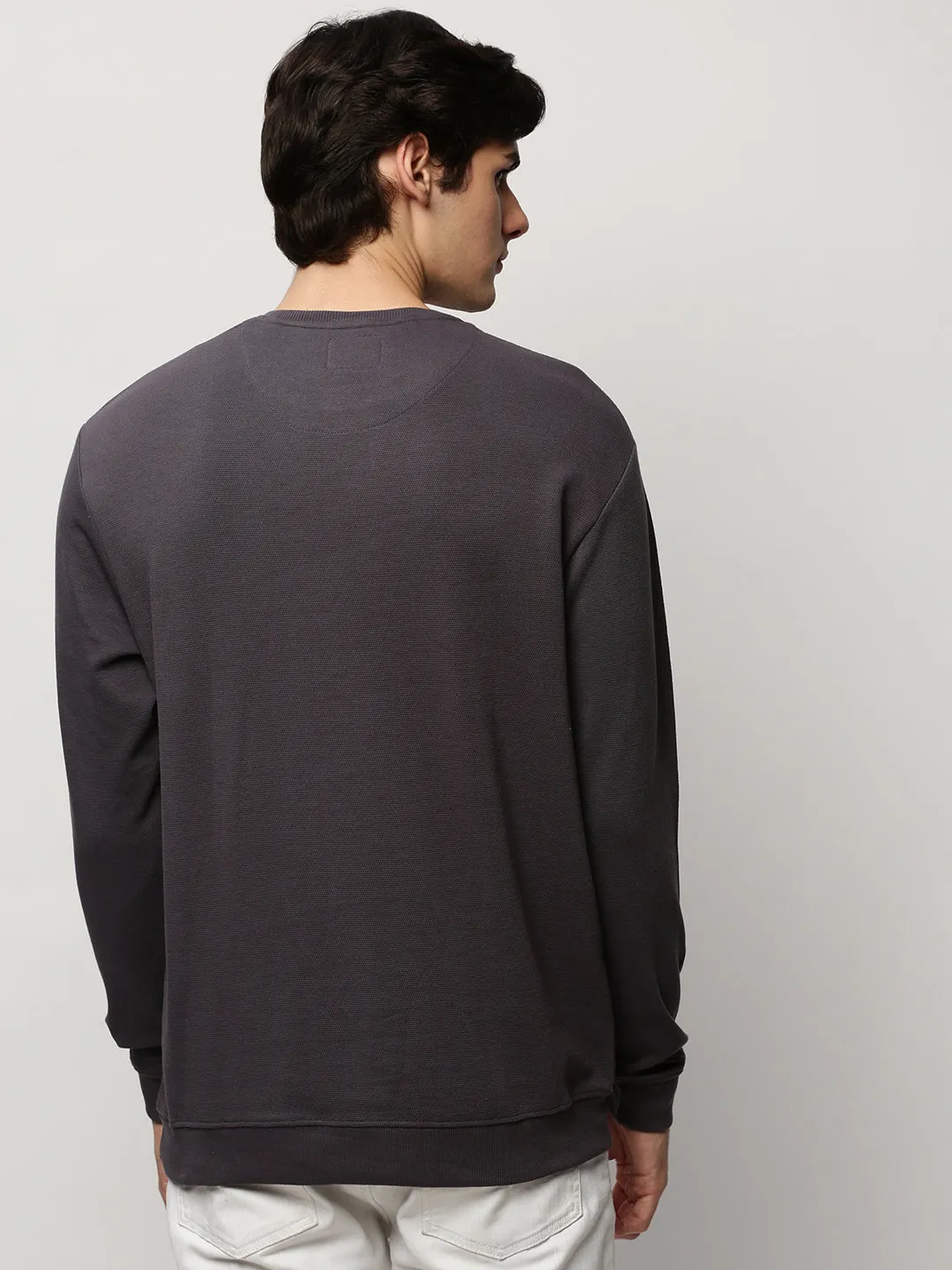 Monochrome Look Men's Grey Round Neck Long Sleeves Cotton Pullover