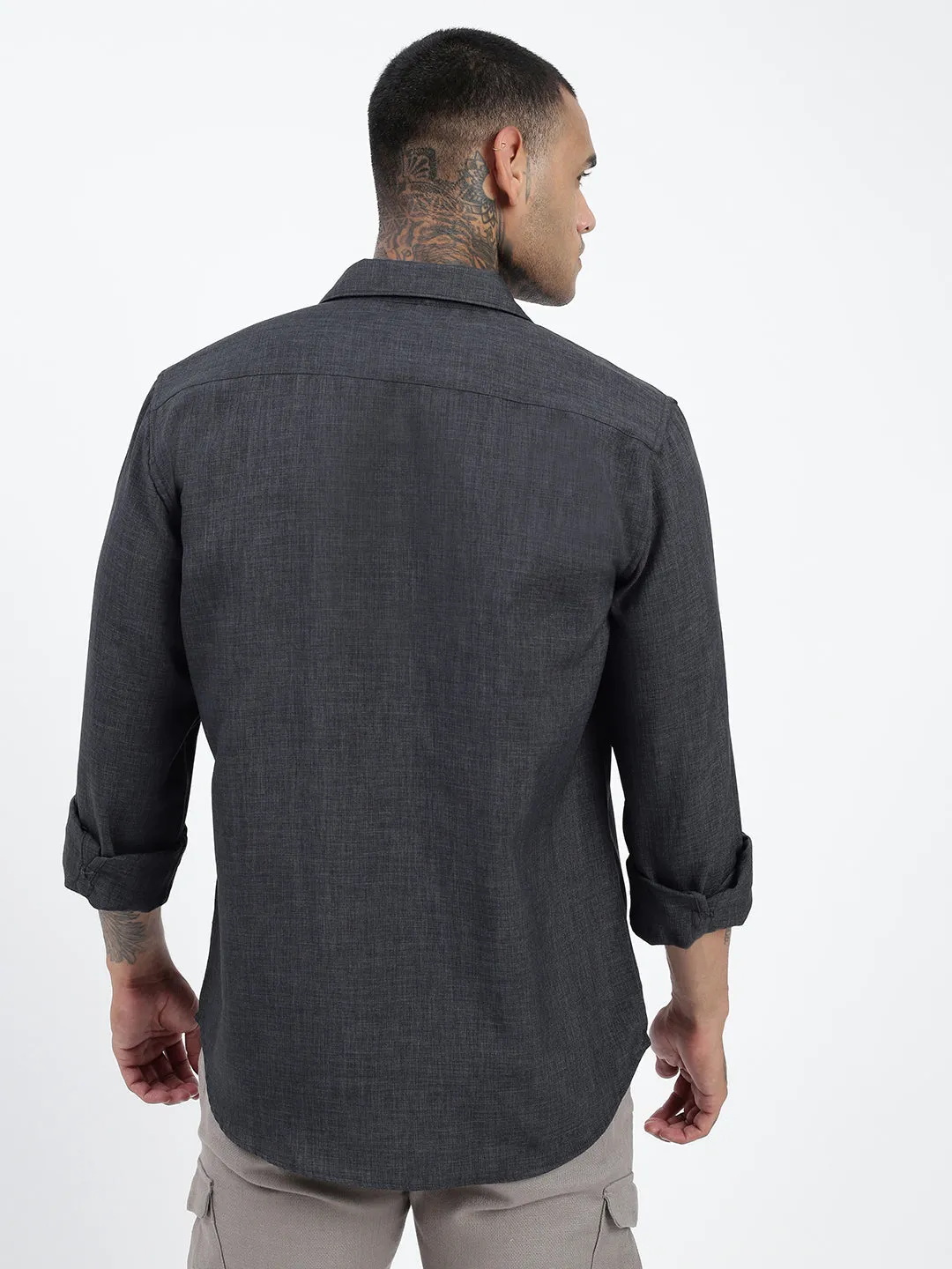 Men's Grey Standard Spread Collar Solid Cotton Casual Shirt AbrasionResistantFabric Fairy Core