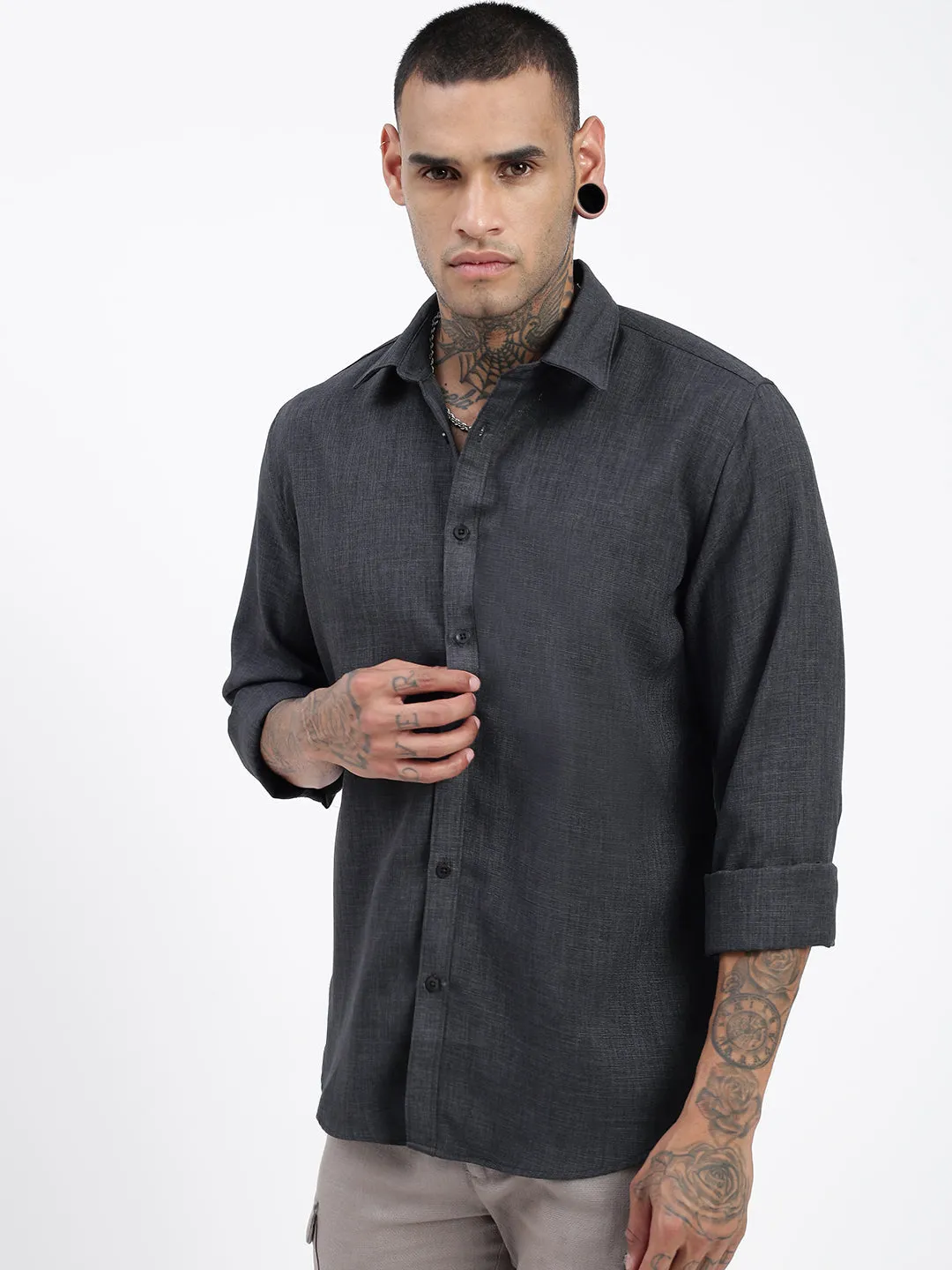 Winter Apparel Men's Grey Standard Spread Collar Solid Cotton Casual Shirt
