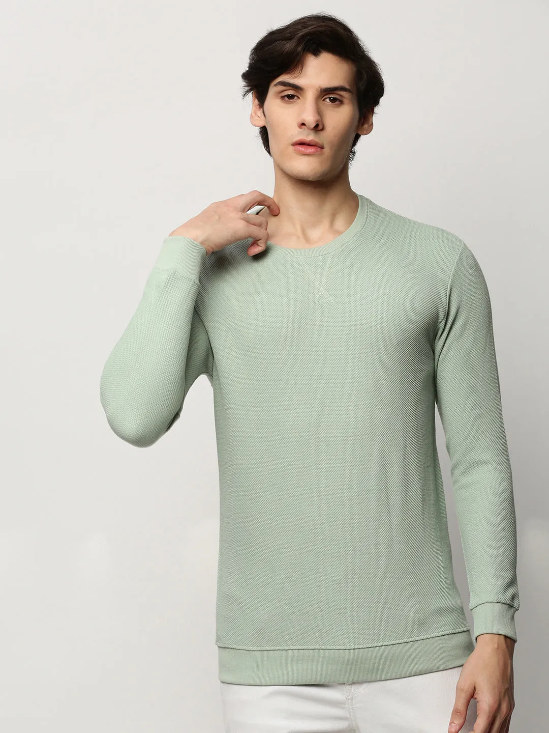 rhinestone accents Men's Sea Green Round Neck Self Design Cotton Sweatshirt