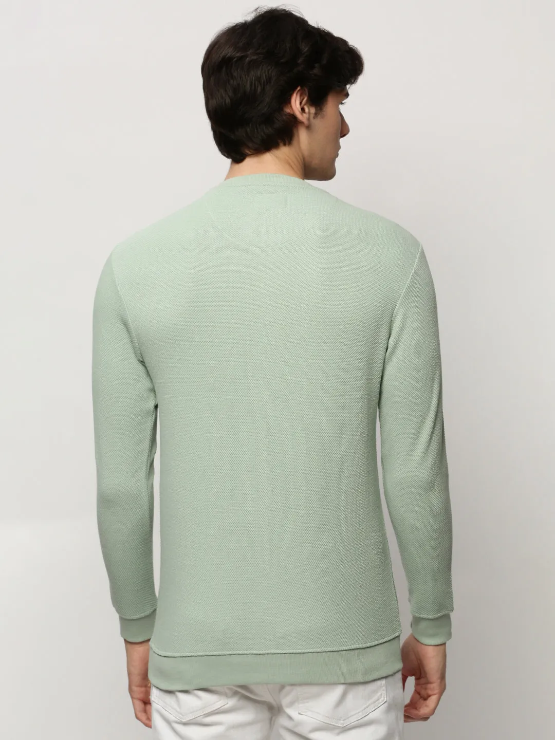 Men's Sea Green Round Neck Self Design Cotton Sweatshirt Light Jacket shoe accents