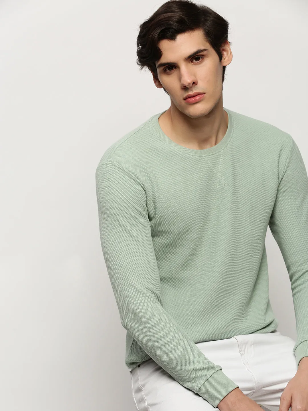 Trendy Fashion men Men's Sea Green Round Neck Self Design Cotton Sweatshirt