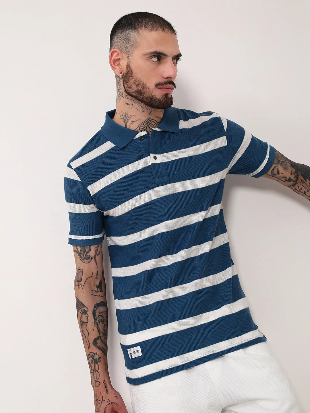 goes with boots Men's Blue Striped Polo Collar Slim Fit Cotton T-Shirt