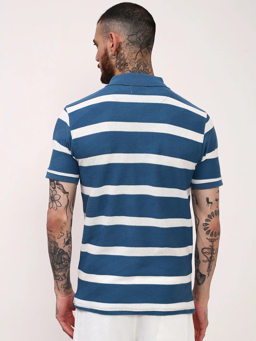 Men's Blue Striped Polo Collar Slim Fit Cotton T-Shirt Active Wear Look