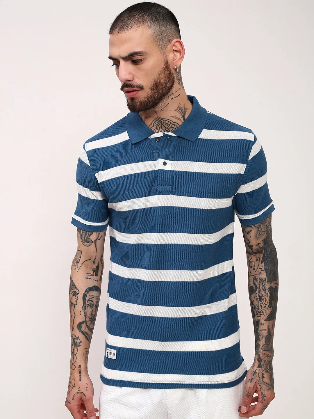 All Day Wear Men's Blue Striped Polo Collar Slim Fit Cotton T-Shirt