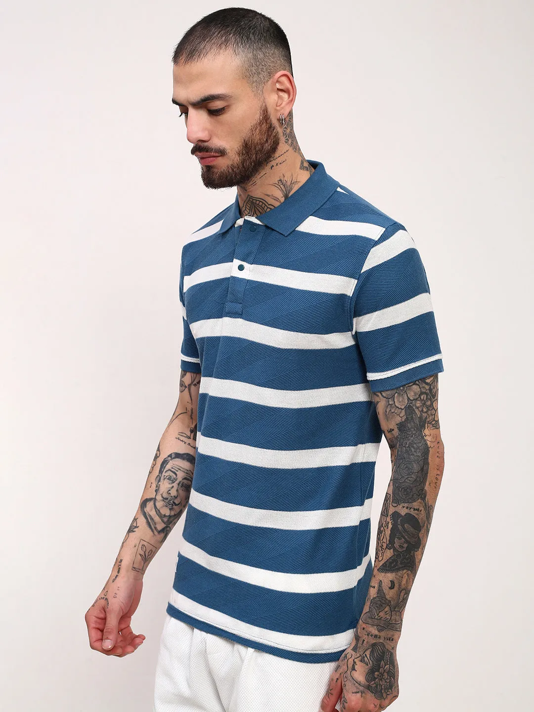 Men's Blue Striped Polo Collar Slim Fit Cotton T-Shirt Weekend Comfort product bow cuteness