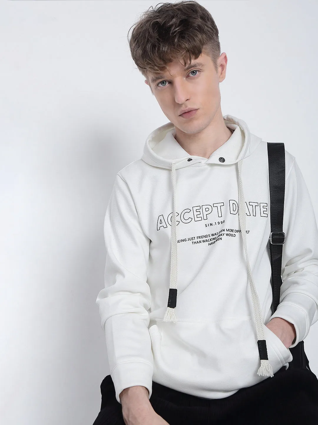 Men's Typography Printed White Hoodie Layered Comfort Basic Wear