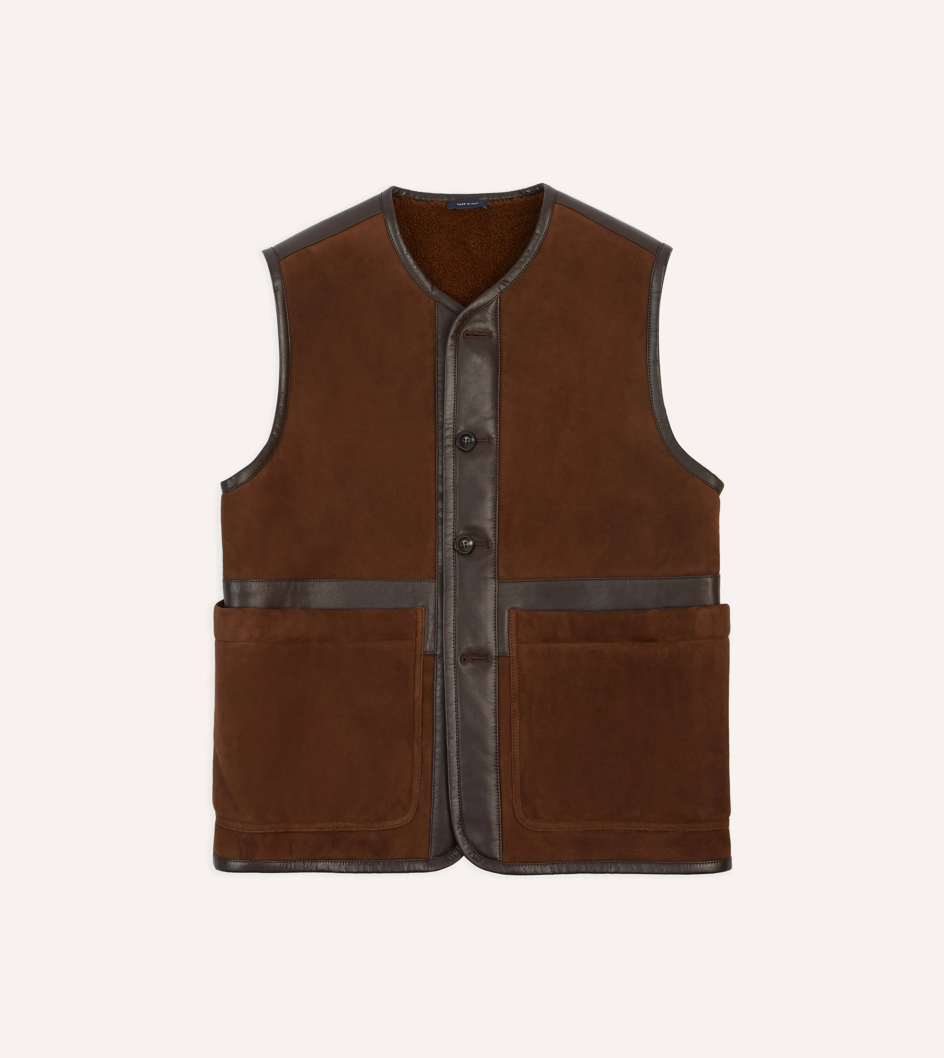 Eco Certified Textiles Army Style Dark Brown Suede Shearling Vest