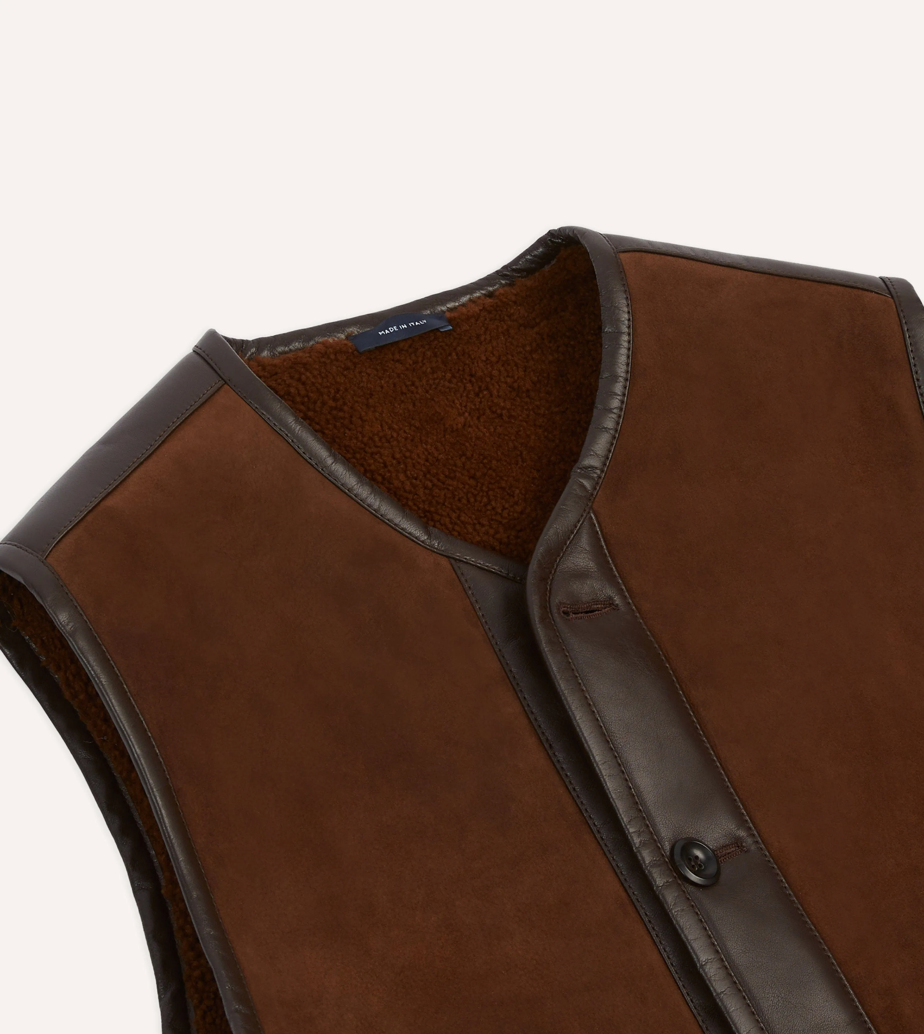 Stand Collar Flatlock stitching Dark Brown Suede Shearling Vest