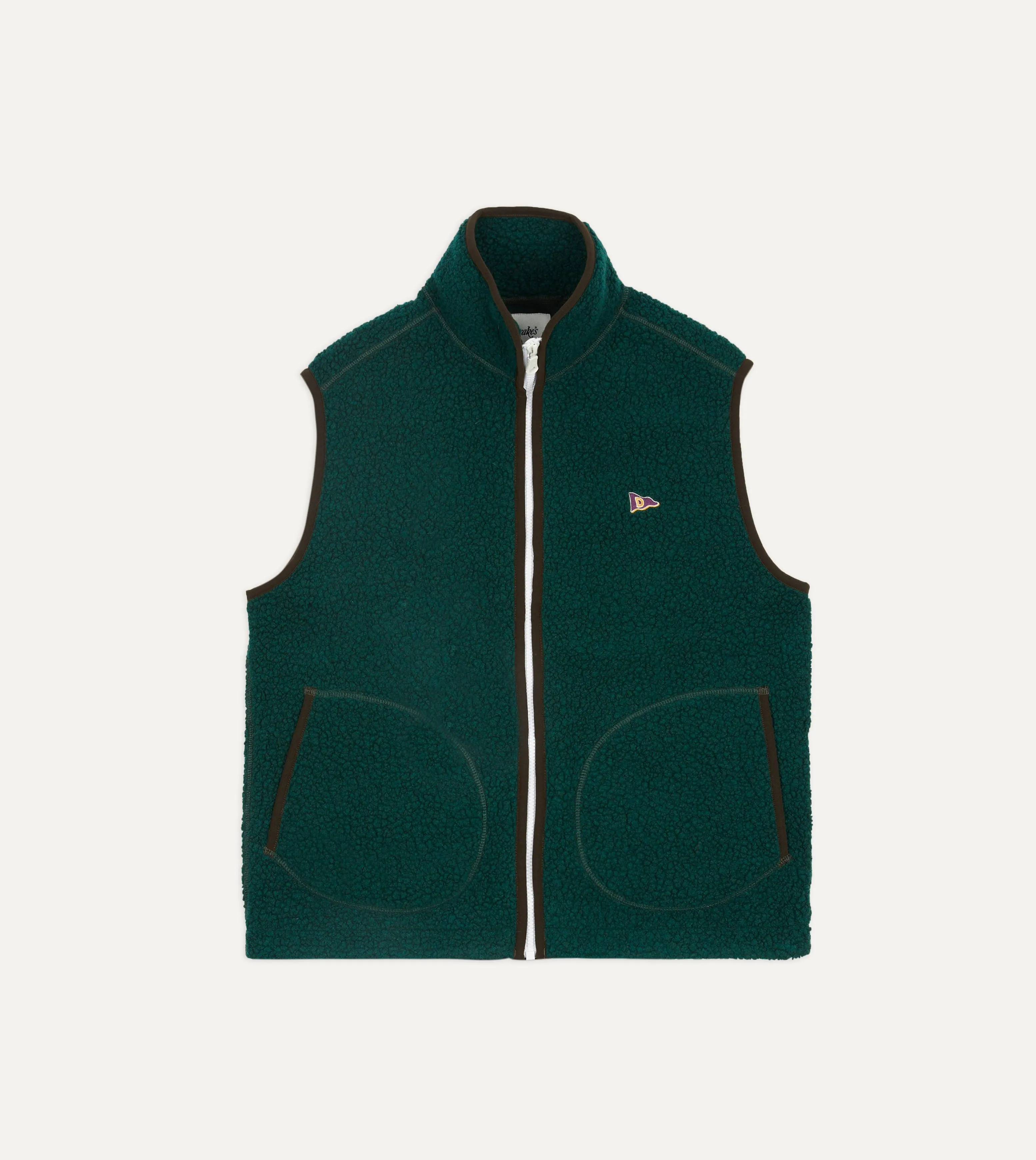 Seamless Shoulder Design Dark Green Boucle Wool Zip Fleece Vest