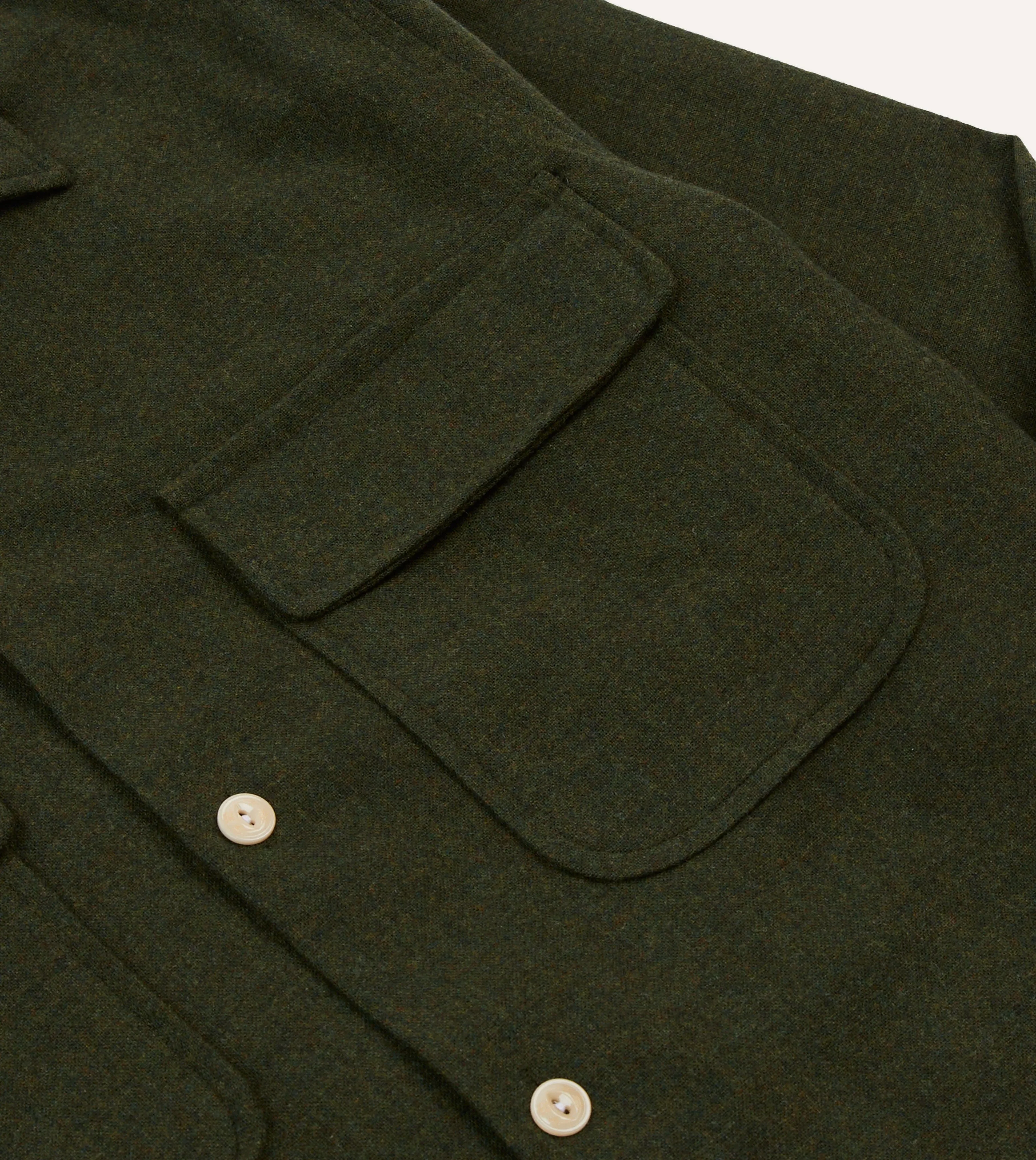 Dark Green Wool Two-Pocket Camp Collar Work Shirt Textured Surface