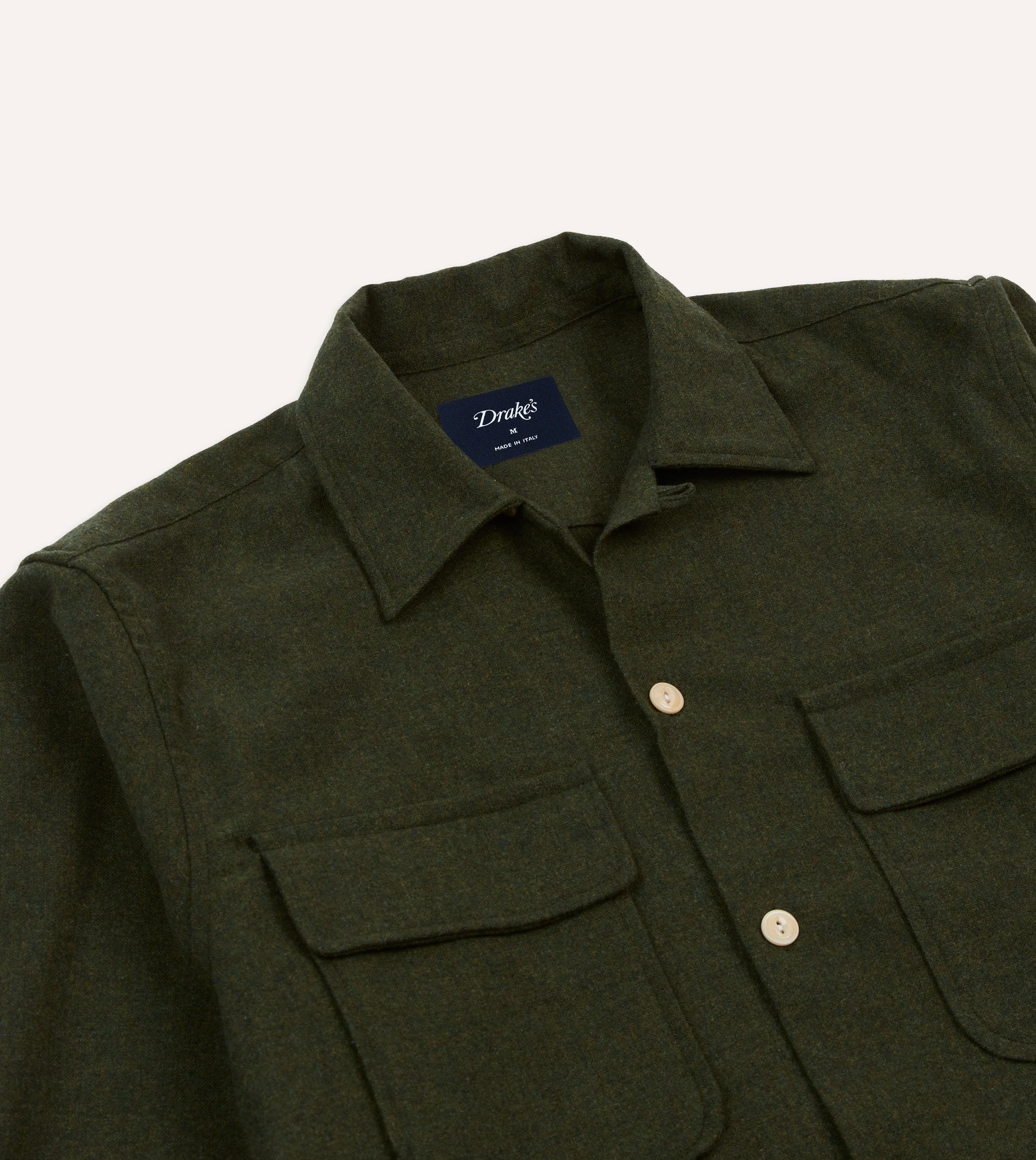 Dark Green Wool Two-Pocket Camp Collar Work Shirt Soft Texture