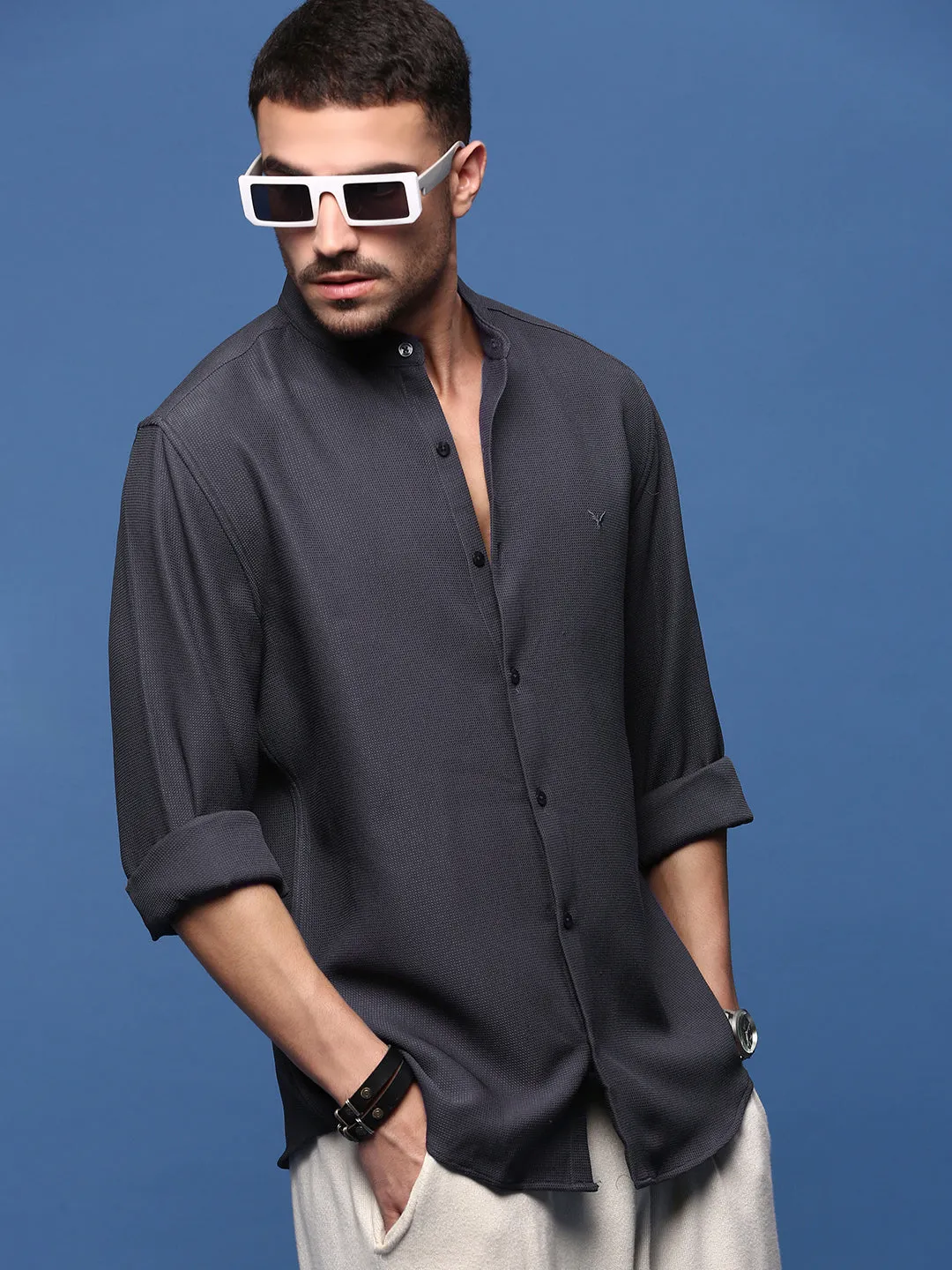 Men's Charcoal Solid Slim Fit Shirt Warm Vest Winter Apparel