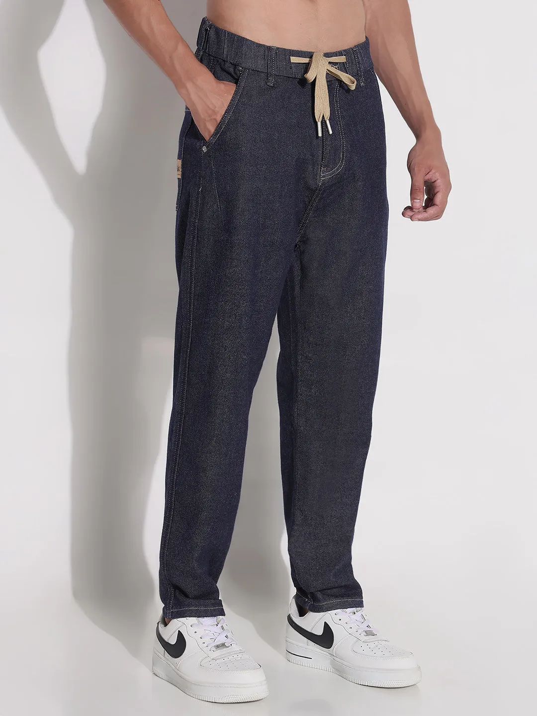 Men's Navy Blue Straight Fit Jeans Travel Outfit Casual Stretch Office Wear Modern