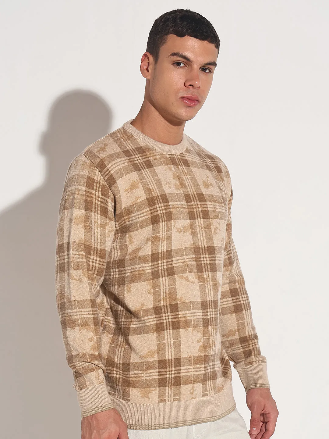 EcoConscious Manufacturing Merino Wool Men's Checked Beige Ribbed Round Neck Sweater