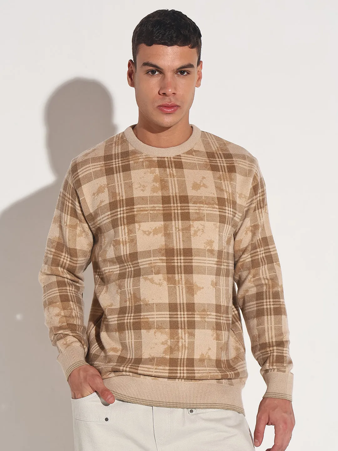Men's Checked Beige Ribbed Round Neck Sweater Simple Wear Zero Waste Knitting Technique