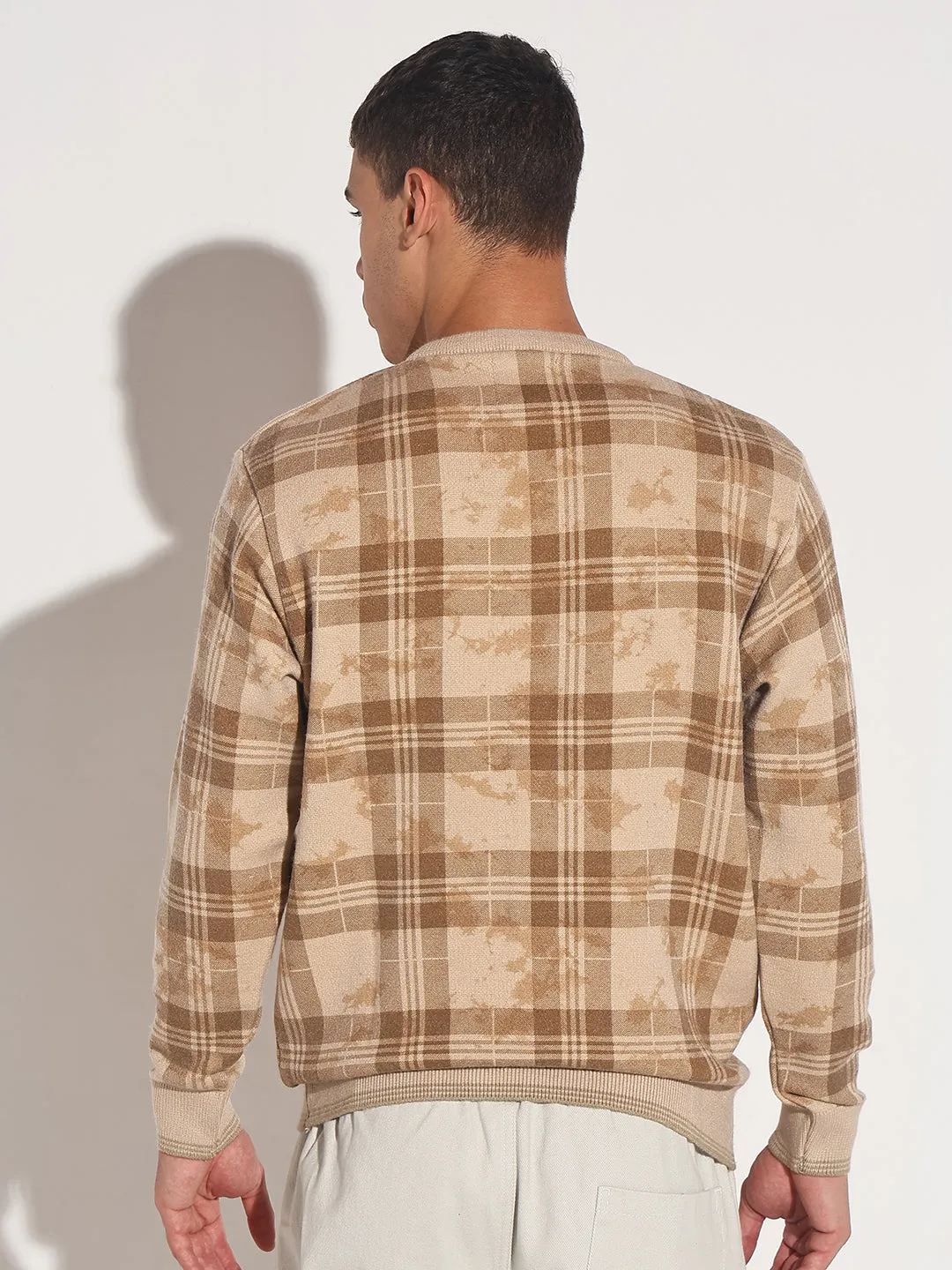 Layered Weight Distribution Guide Men's Checked Beige Ribbed Round Neck Sweater