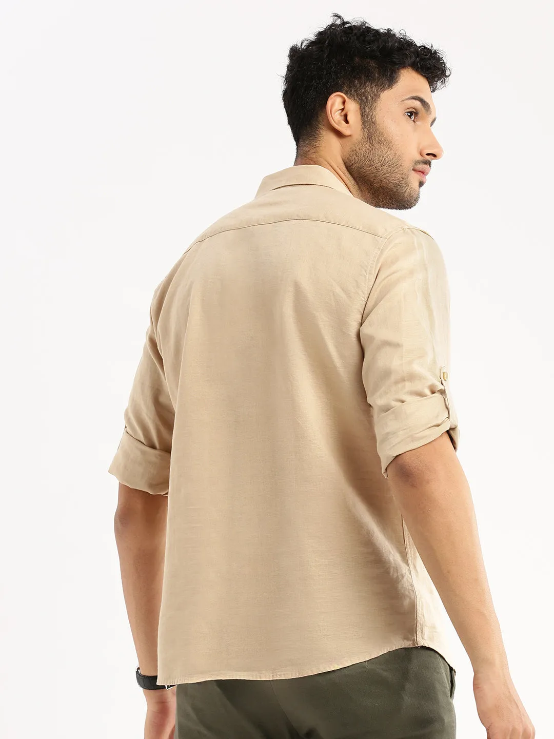 Breathable Style Men's Beige Solid Shirt Collar Casual Short Shirt