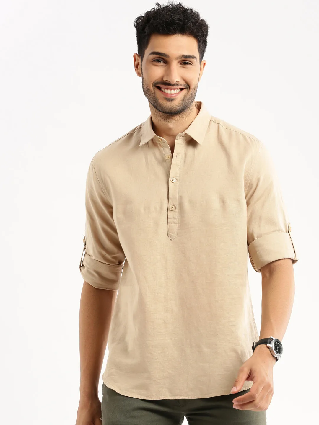 Silent Mood Men's Beige Solid Shirt Collar Casual Short Shirt