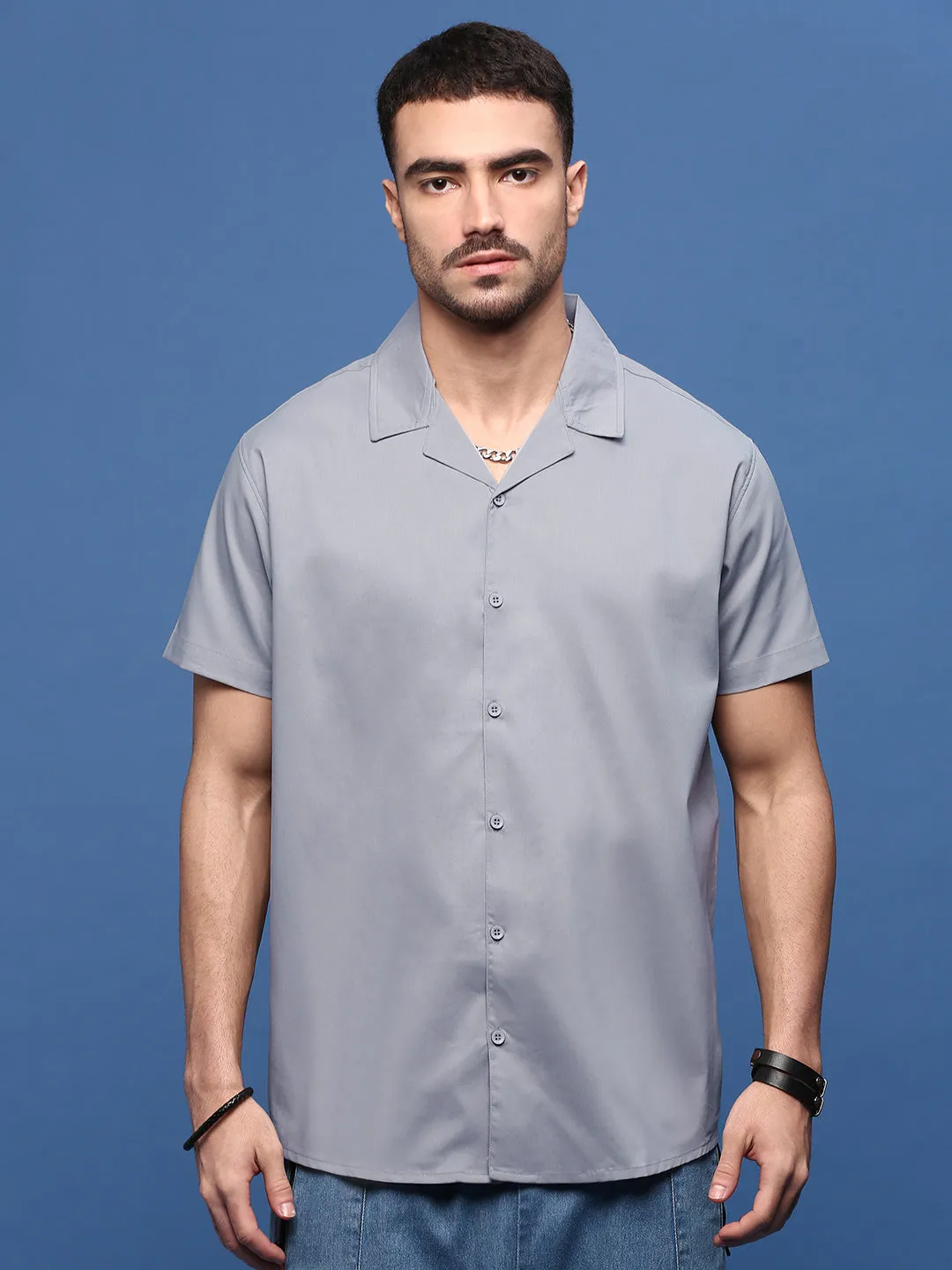 FlexFitTechnology Men's Grey Solid Cuban Collar Cotton Shirt