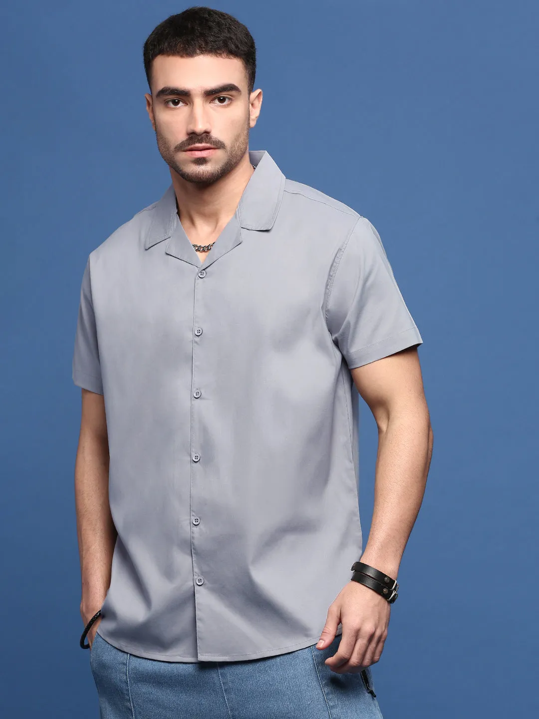 Men's Grey Solid Cuban Collar Cotton Shirt Hotel Style Cozy clothing
