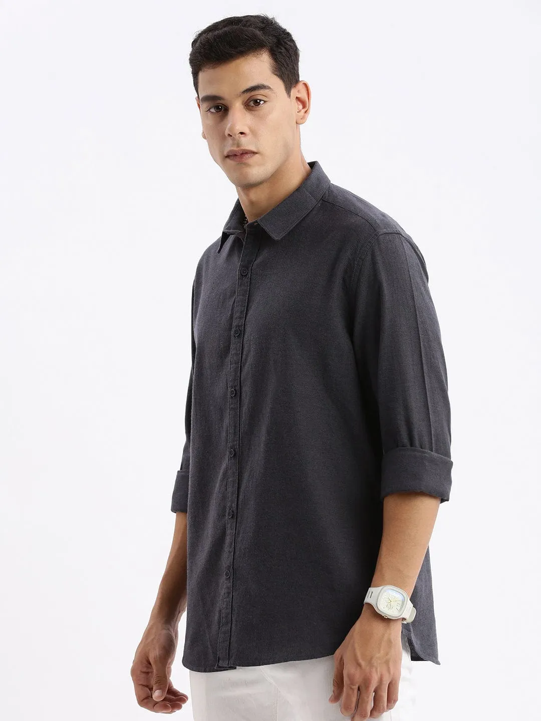 Men's Grey Standard Slim Fit Cotton Casual Shirt Linen Soul