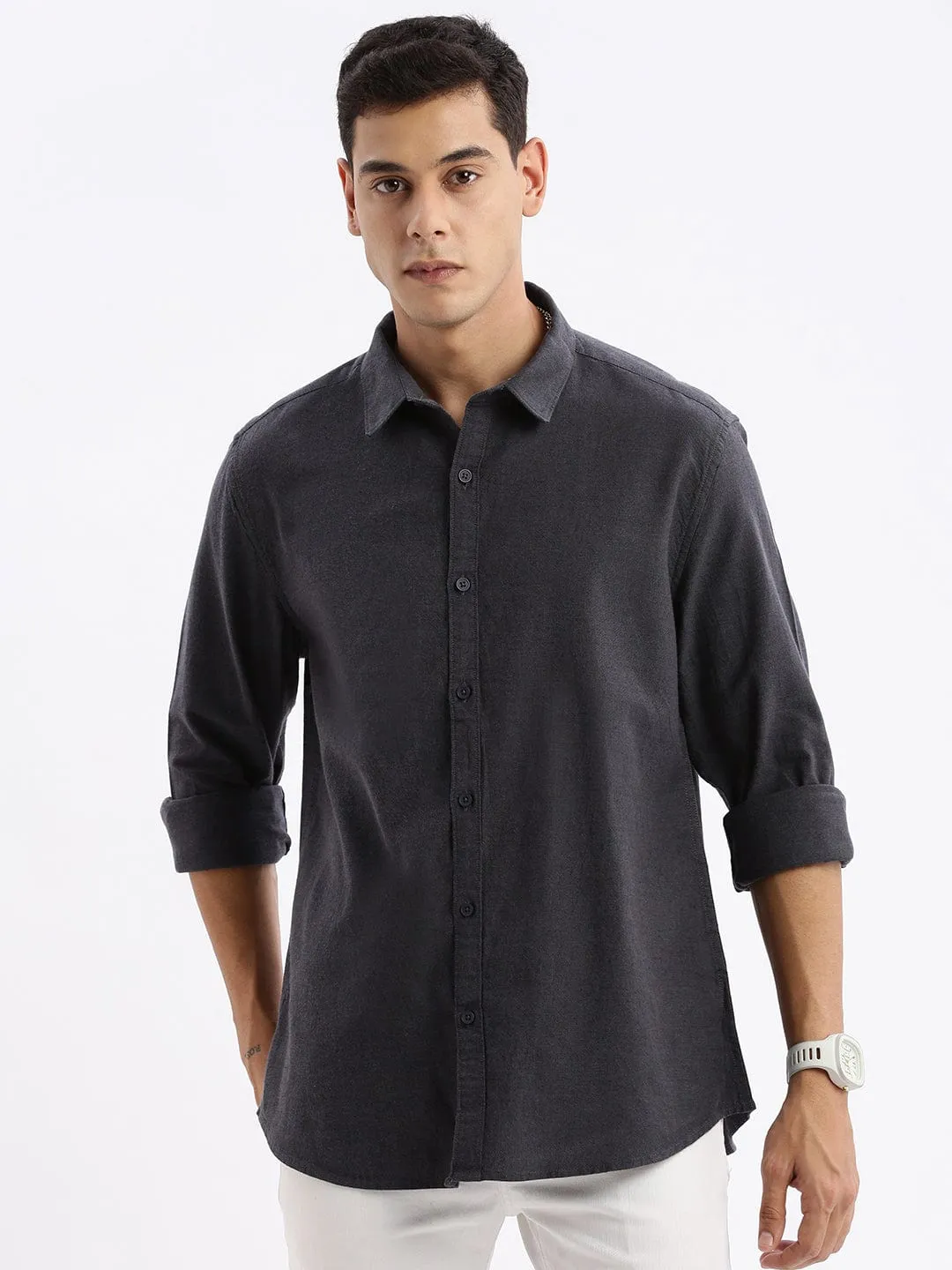 QuickReleaseFastenings Men's Grey Standard Slim Fit Cotton Casual Shirt