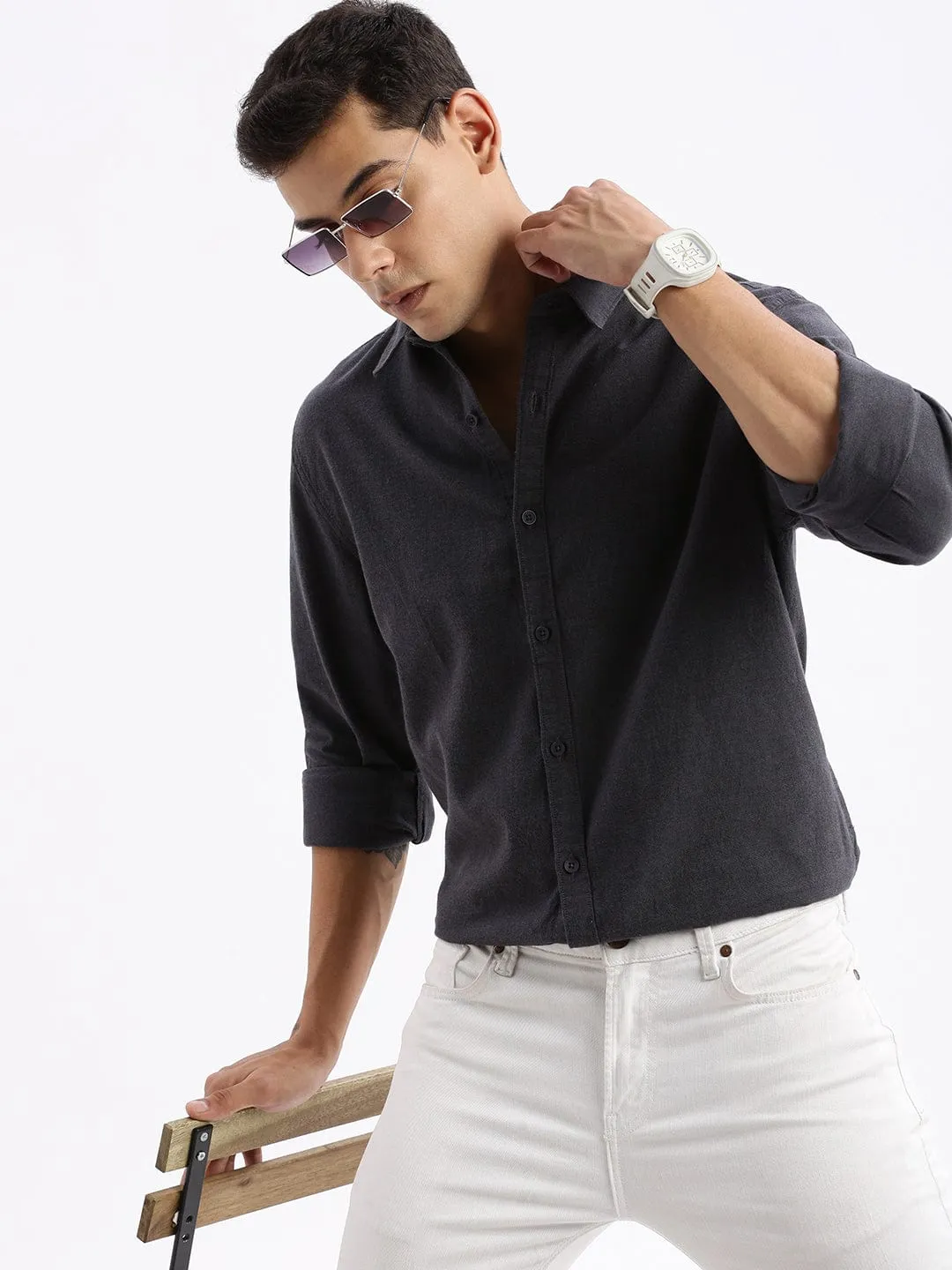 Men's Grey Standard Slim Fit Cotton Casual Shirt Evening Chic Cozy Fashion