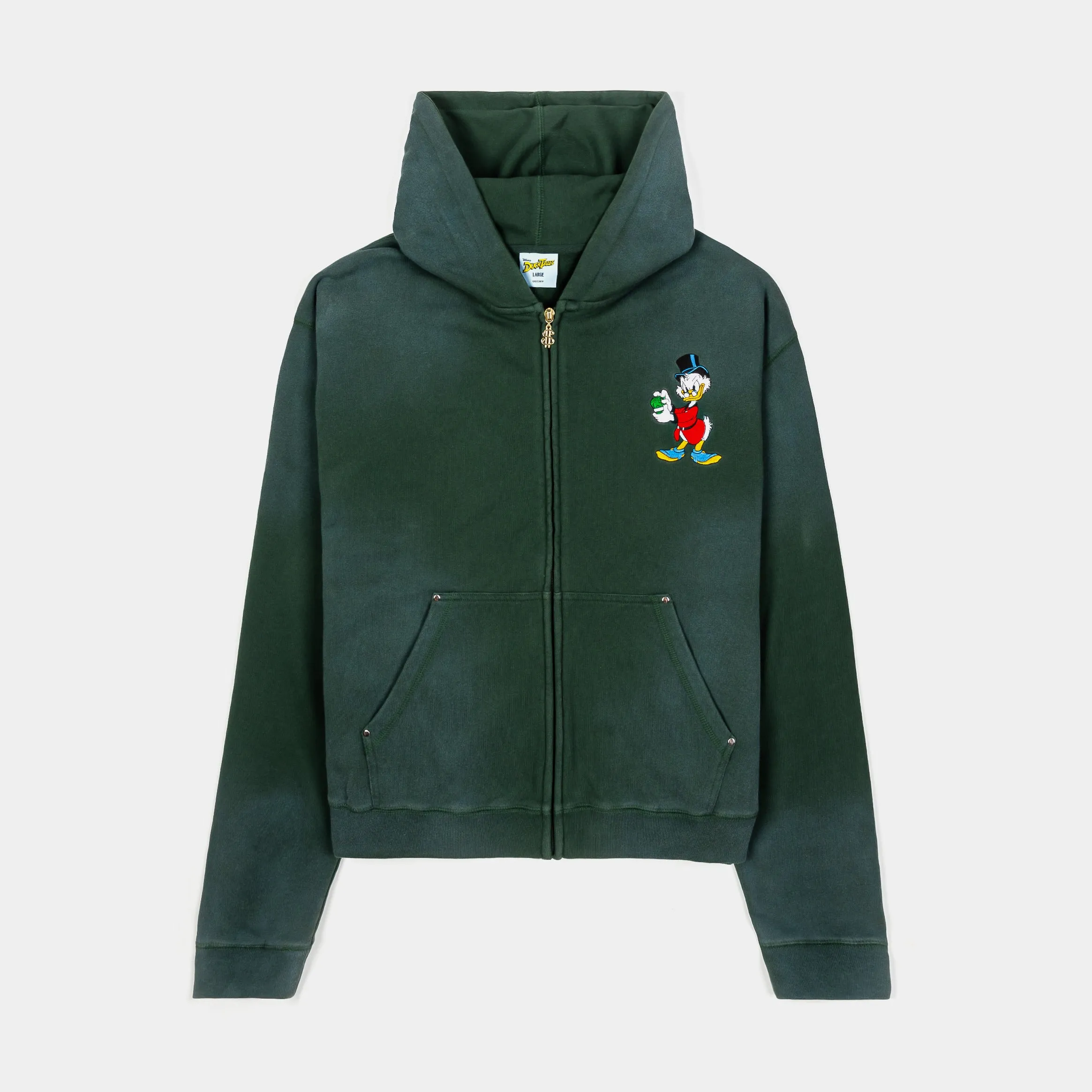 wrinkle free Dark Shade Disney Ducktales By Shoe Palace Big Bucks Zipped Cropped Mens Hoodie (Green/Gold)