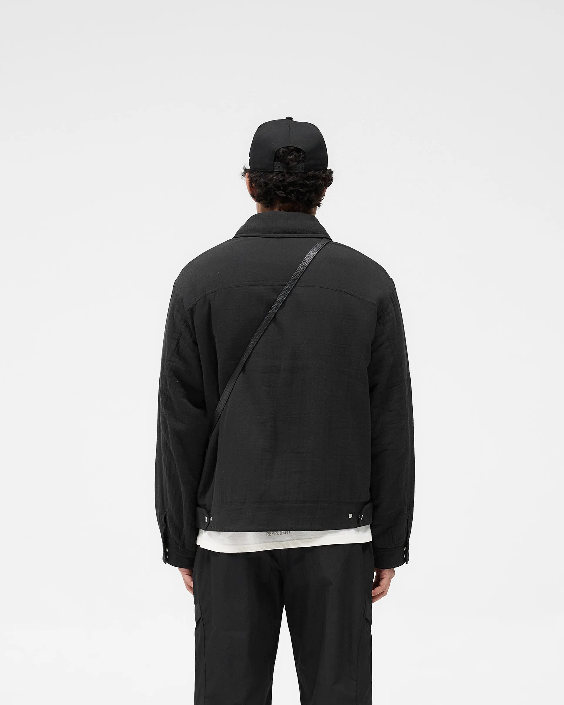 Crinkle Trucker Jacket - Black Structured Casual Fit mesh ventilation