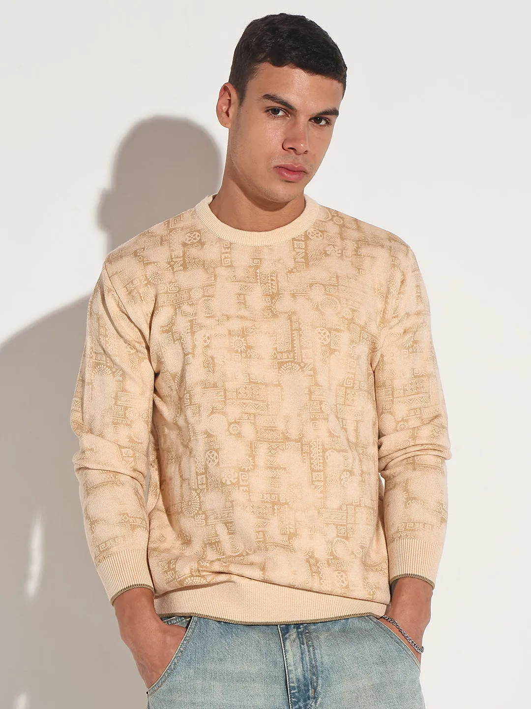 Ultra Fine Gauge Men's Abstract Beige Ribbed Round Neck Sweater