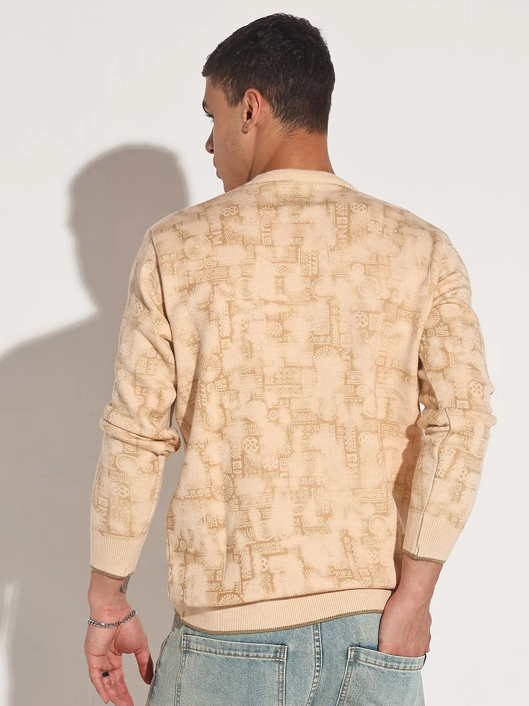 Men's Abstract Beige Ribbed Round Neck Sweater Timeless Feel MultiDirectional Flexibility