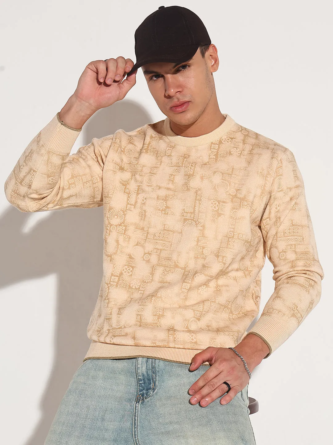 Men's Abstract Beige Ribbed Round Neck Sweater Quick Dry Integration