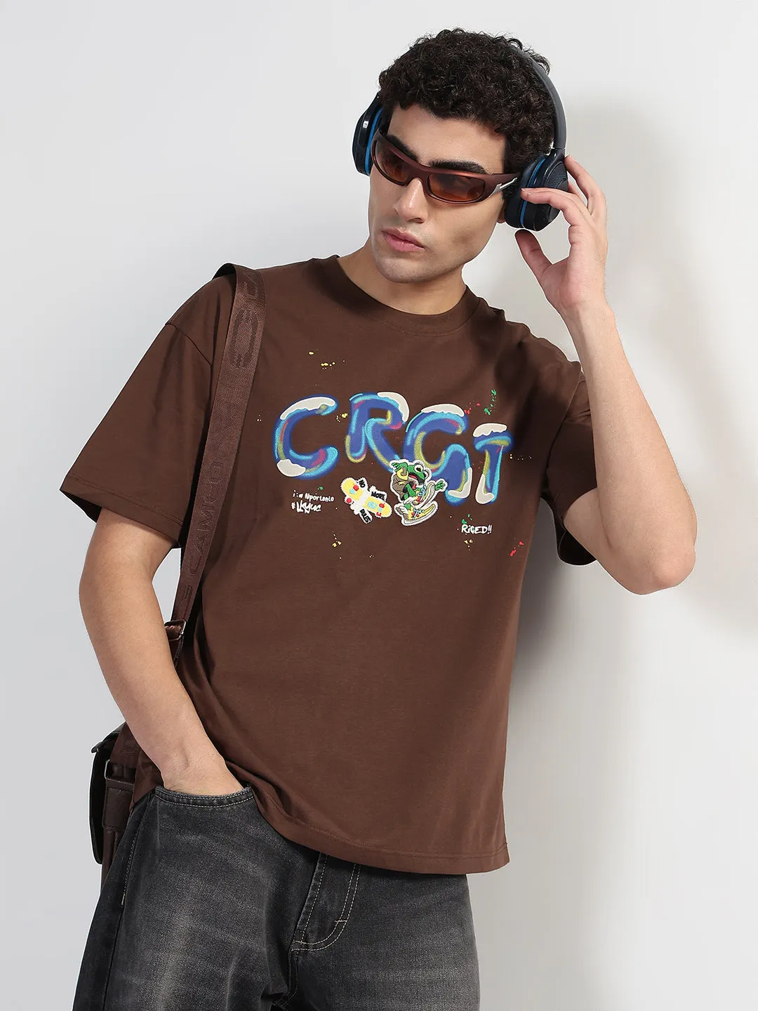 FadeResistant Dye Office Attire Men's Printed Brown Regular Fit T-Shirt