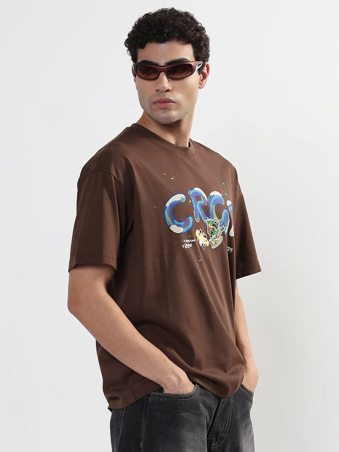 Men's Printed Brown Regular Fit T-Shirt Fashion Design Open Glow