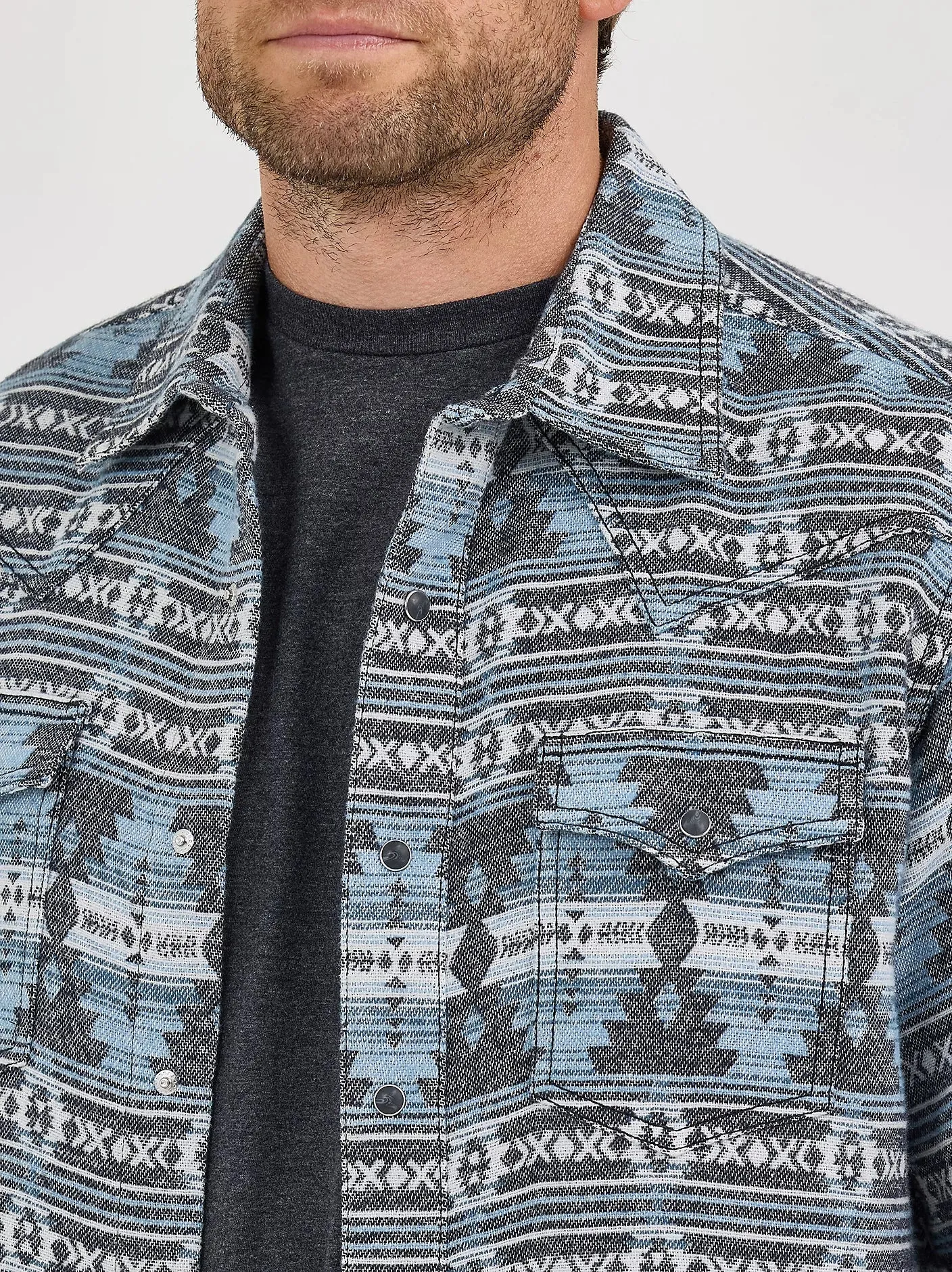 Long sleeved warmth Wrangler Retro Men's Premium Jacquard Snap Shirt Jacket in Baby Blue (Available in Tall Sizes!)