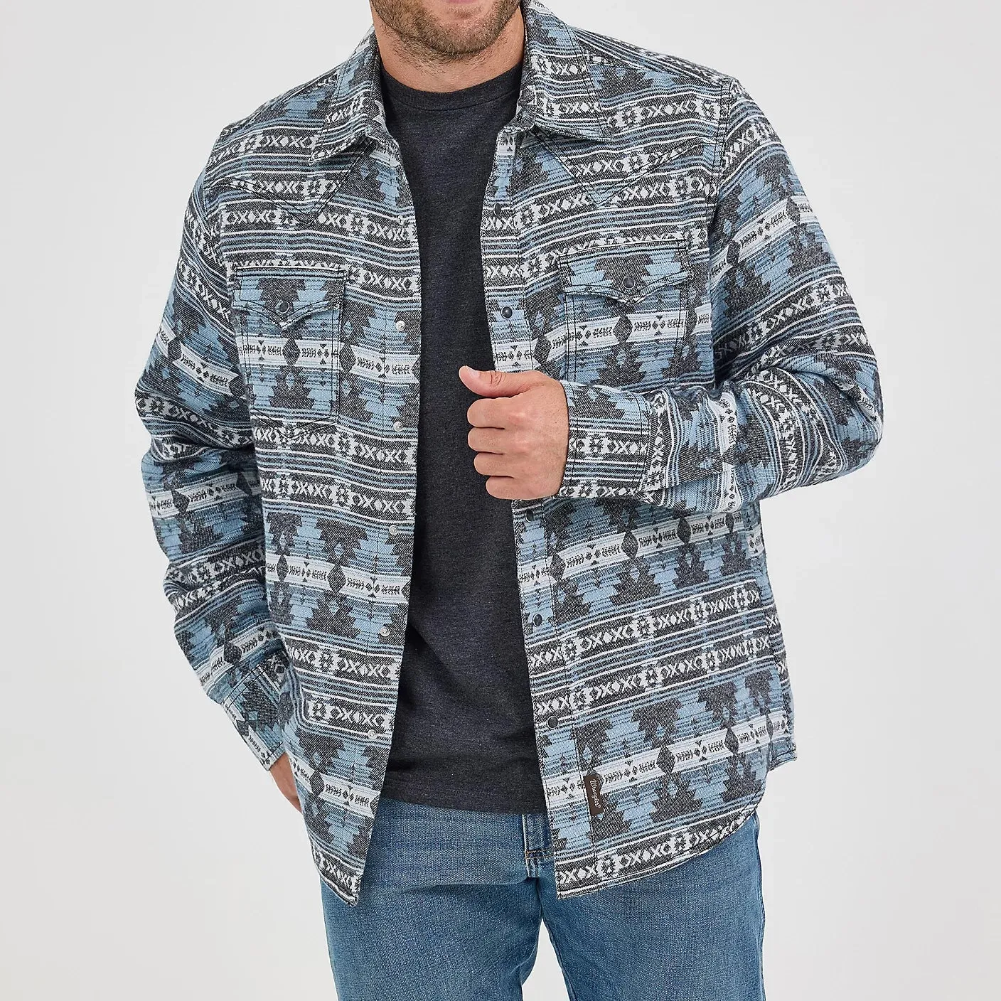 Recycled Polyester Thread Chic Fashion Wrangler Retro Men's Premium Jacquard Snap Shirt Jacket in Baby Blue (Available in Tall Sizes!)