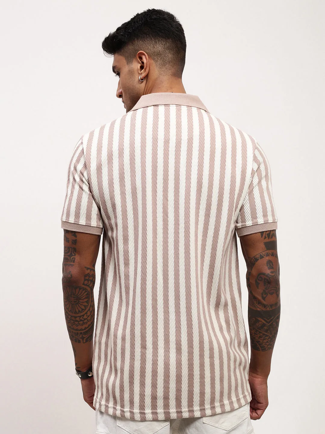product UV resistant protection Core Chic Men's Beige Striped Cotton T-Shirt