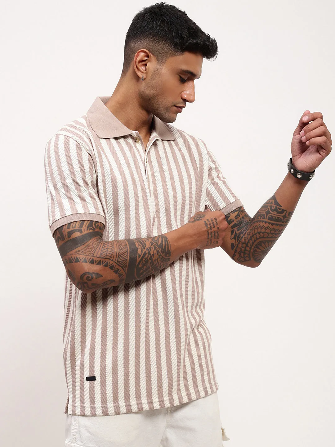 Versatile Design Effortless Fashion Men's Beige Striped Cotton T-Shirt