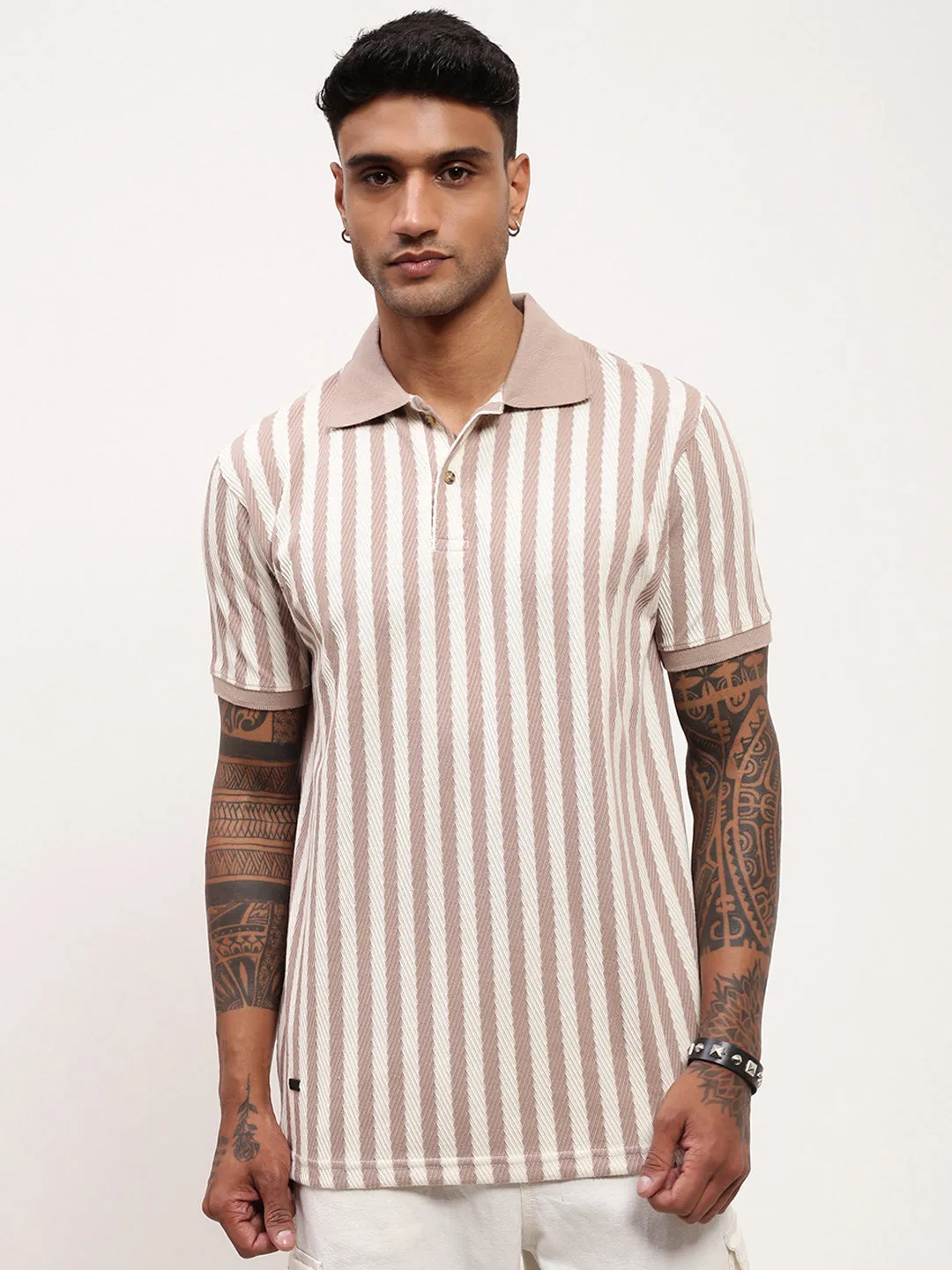 gemstone accents Men's Beige Striped Cotton T-Shirt